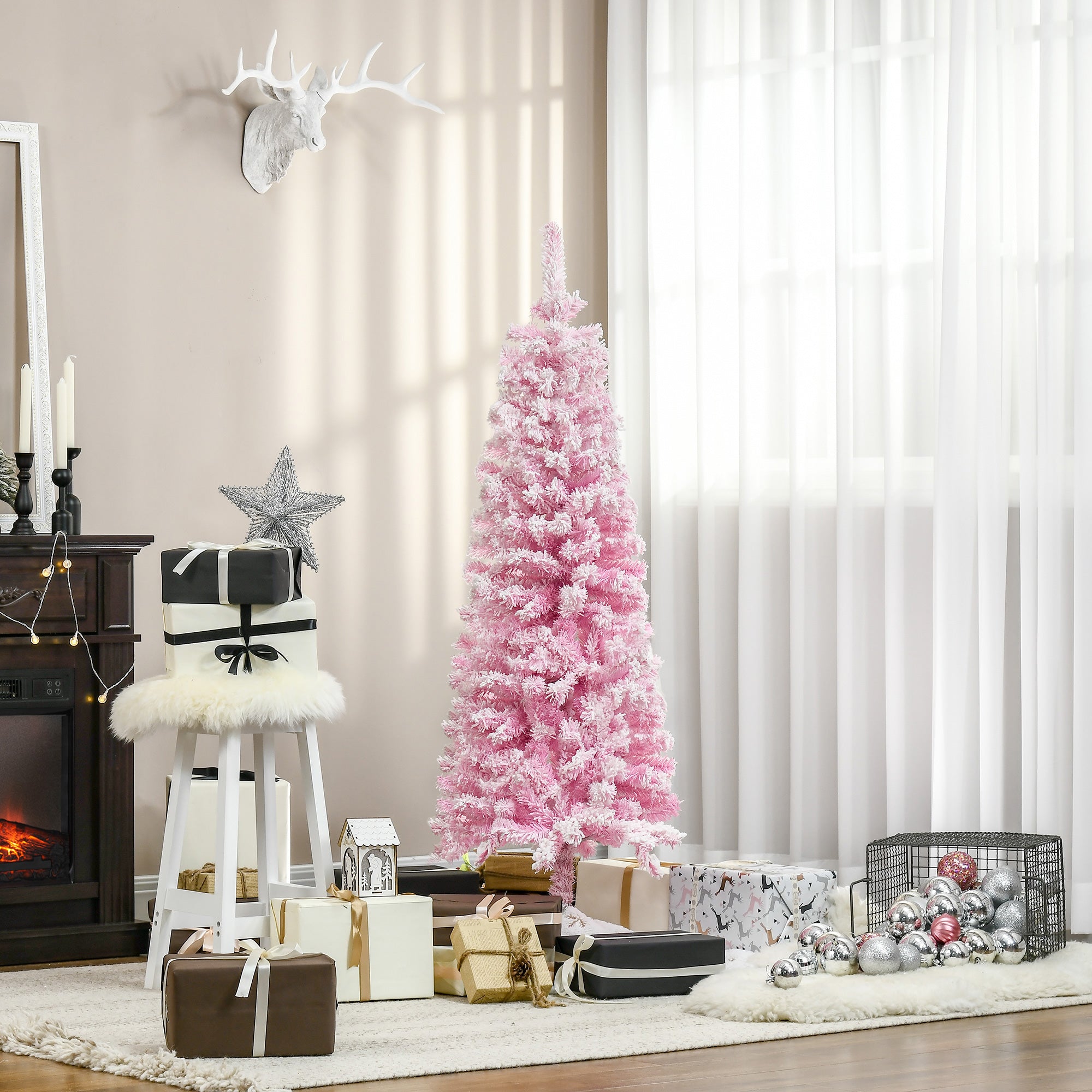 5 FT Snow Flocked Artificial Christmas Tree, Pencil Xmas Tree with Realistic Branches, Auto Open and Steel Base, Pink