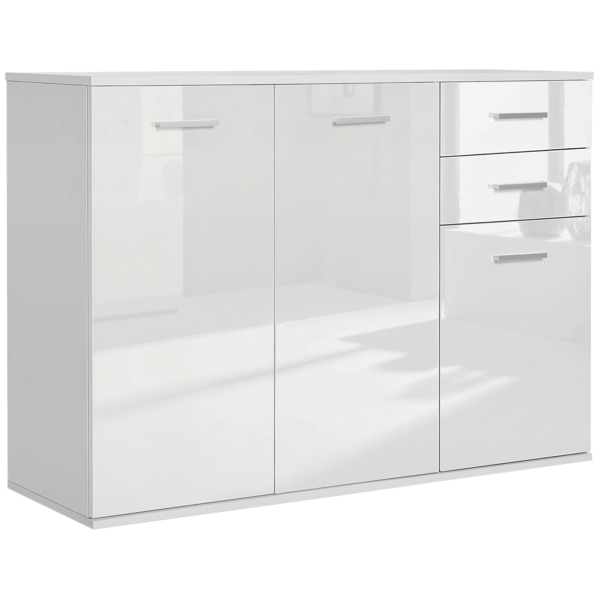 High Gloss Sideboard with 2 Drawers and 3 Doors, Buffet Cabinet with Adjustable Shelf, Coffee Bar Cabinet with Storage, White
