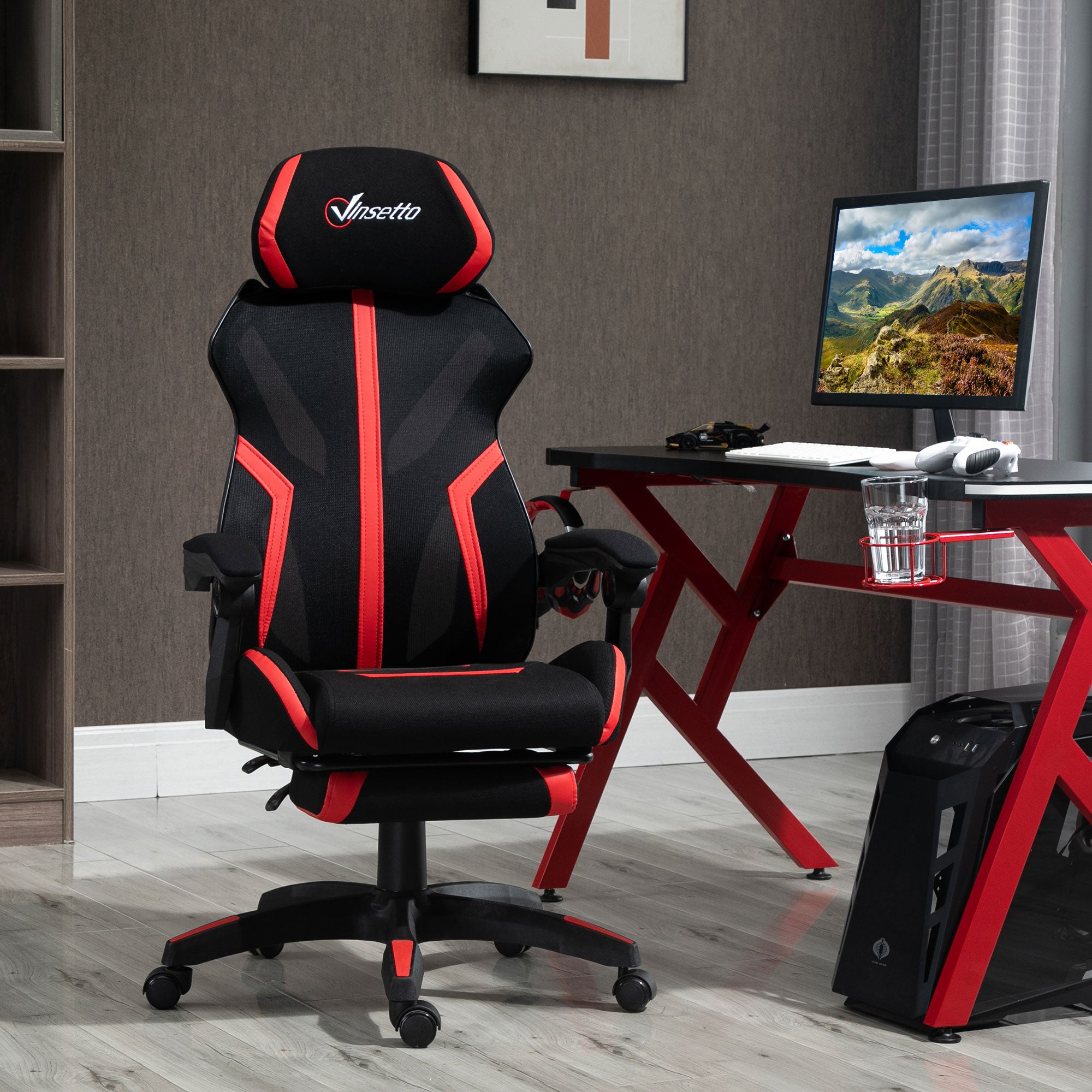 Racing Gaming Chair, Ergonomic Computer Chair with Footrest, Headrest, High Back Recliner Swivel Seat with Adjustable Height, Black Red
