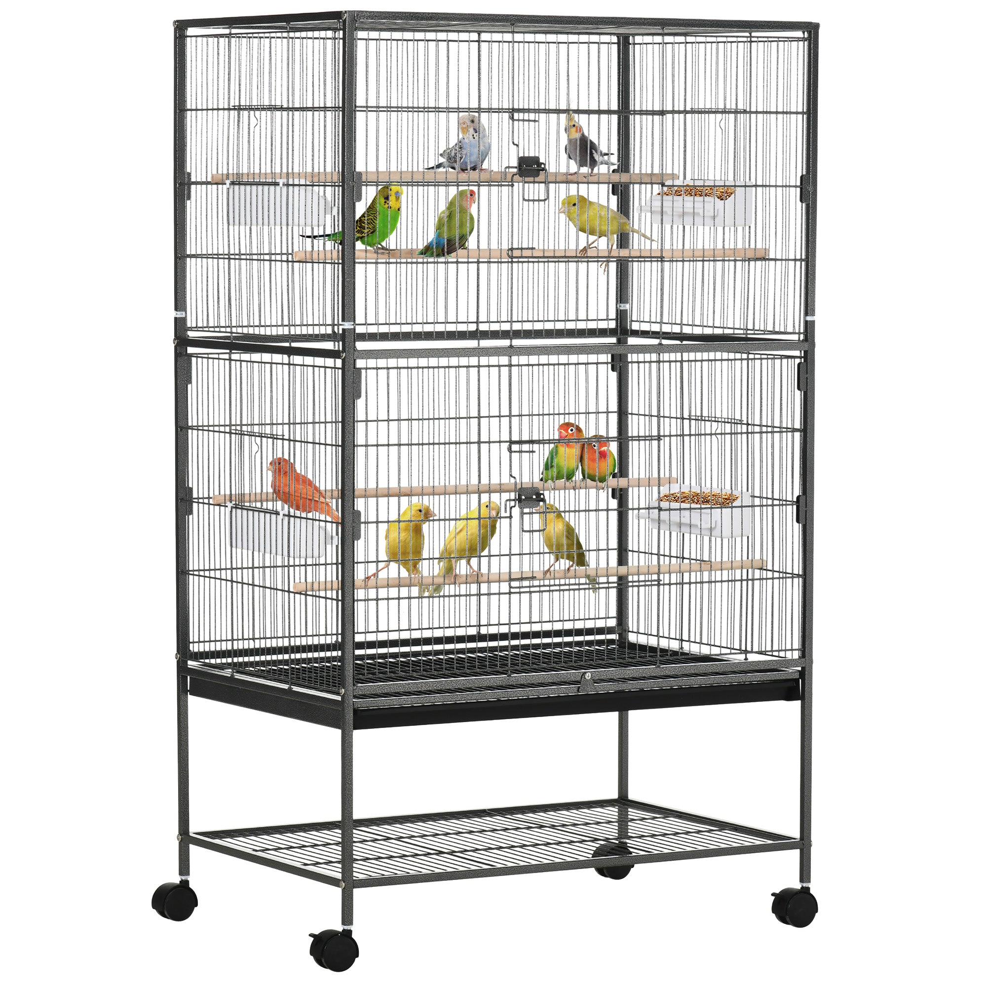 52'' Large Rolling Steel Bird Cage Bird House with Rolling Stand, Storage Shelf, Wood Perch, Food Container, Dark Grey