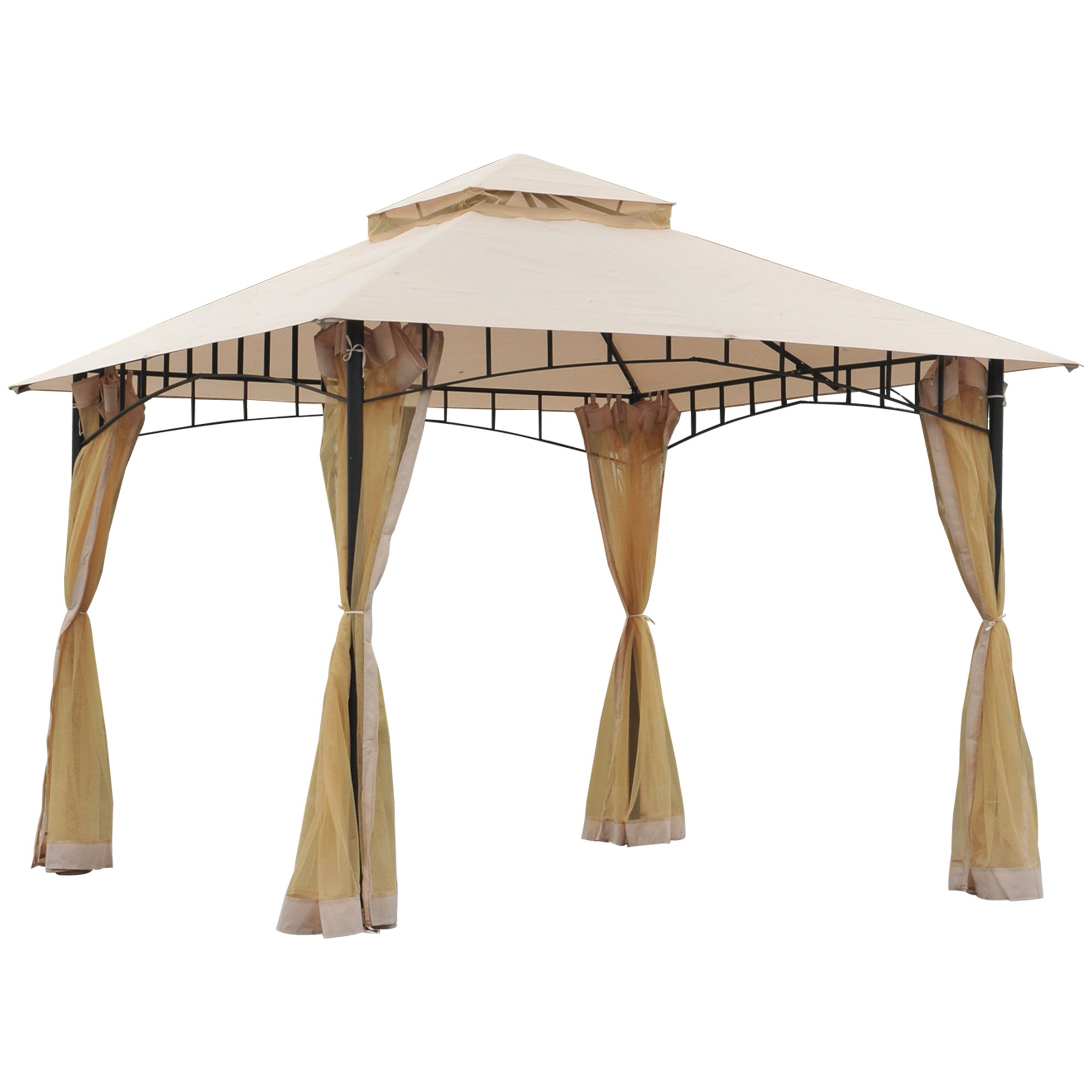 10' x 10' Double Tier Garden Gazebo Canopy Outdoor Sunshade Tent Water-Resistant Anti-UV Roof with Metal Frame and Mesh Sidewalls, Beige