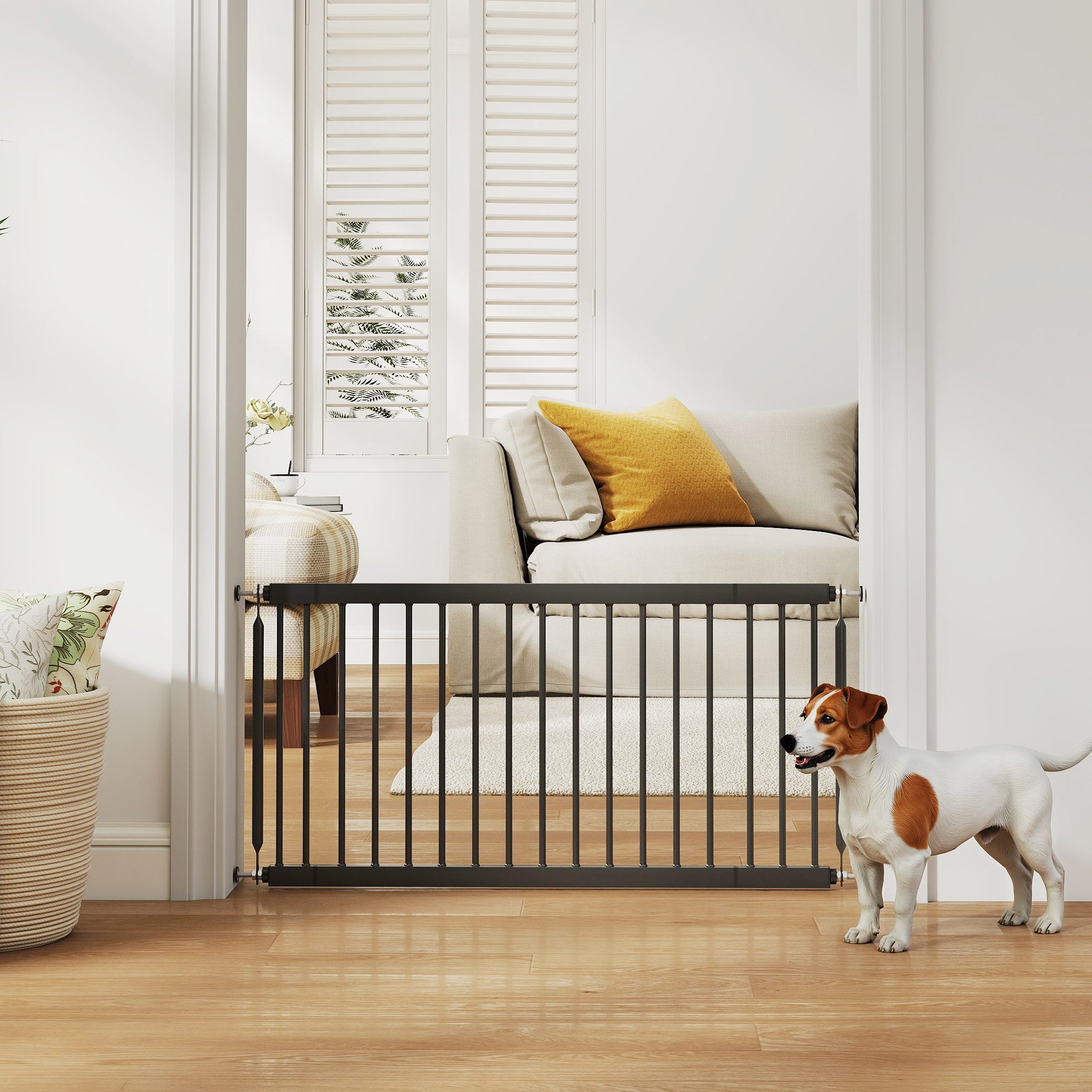 26"-37" Dog Gate, Adjustable Pet Gate, Fits 18" Tall with 2 Extension, Pressure Mount Kit for Stairs and Doorways, Black