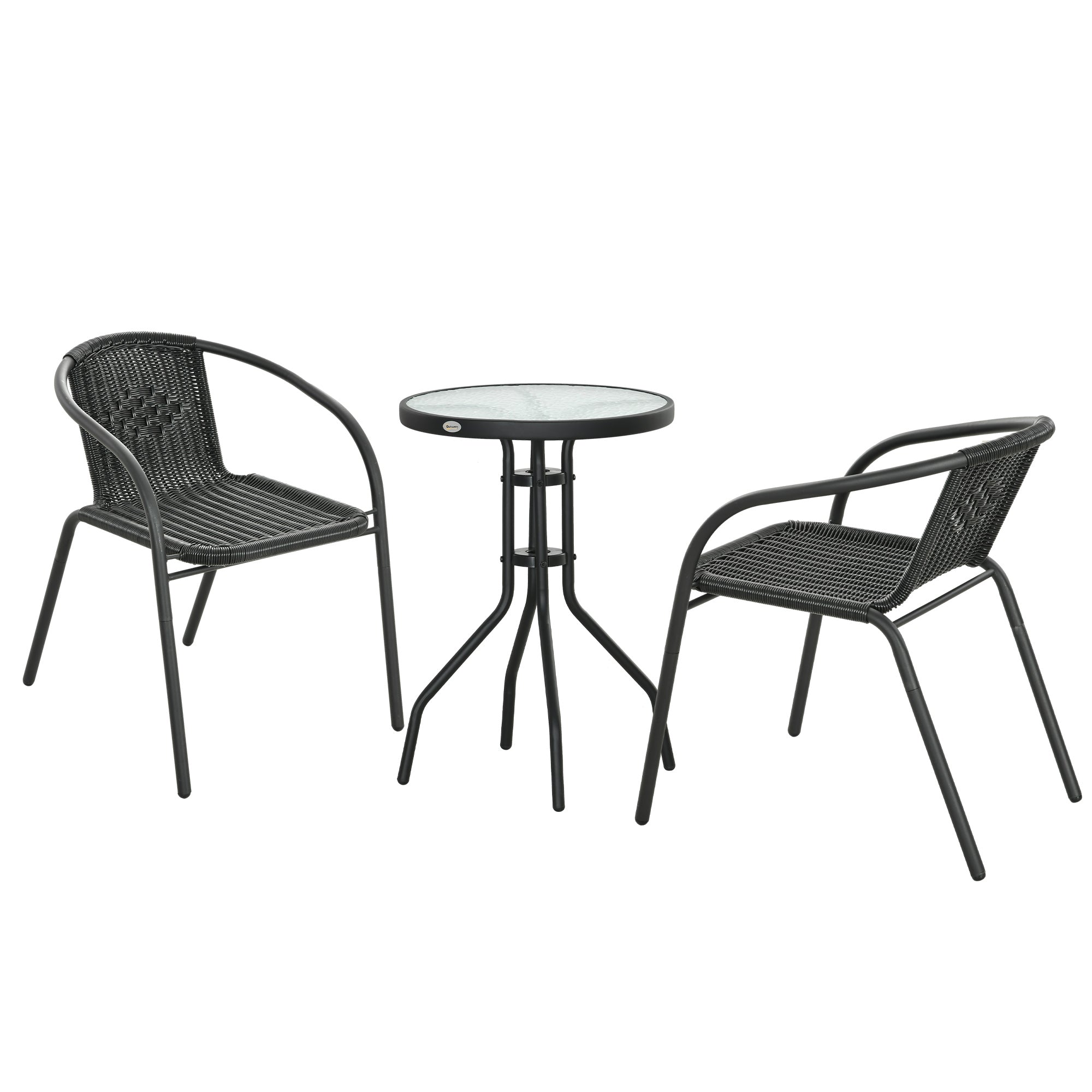3 Pieces Outdoor Wicker Furniture Set with 2 Stackable Chairs, Tempered Glass Coffee Table for Garden, Backyard, Black