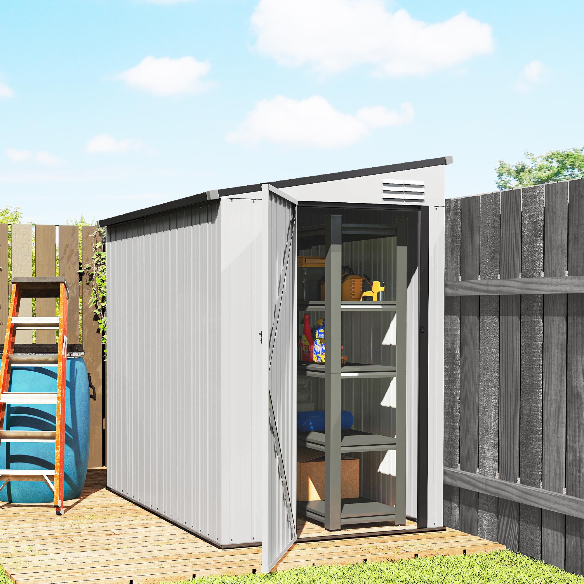 4.3' x 6.3' Outdoor Storage Shed Lean to Shed Outdoor Metal Tool Shed with Lockable Door and Air Vents, White