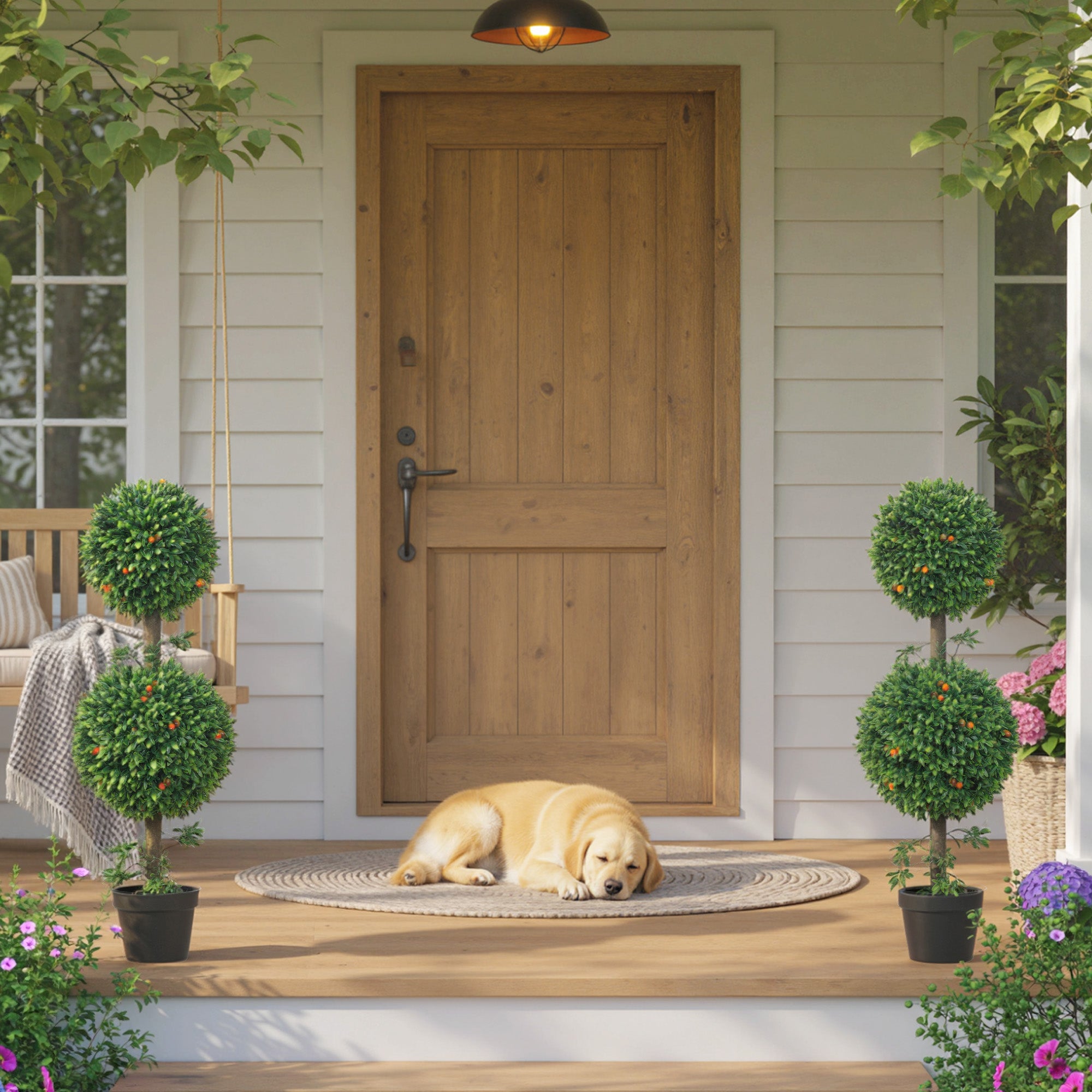 3FT Artificial Boxwood Topiary Tree Set of 2, Faux Two Ball Topiary Tree in Pot for Indoor Outdoor Decor, Green