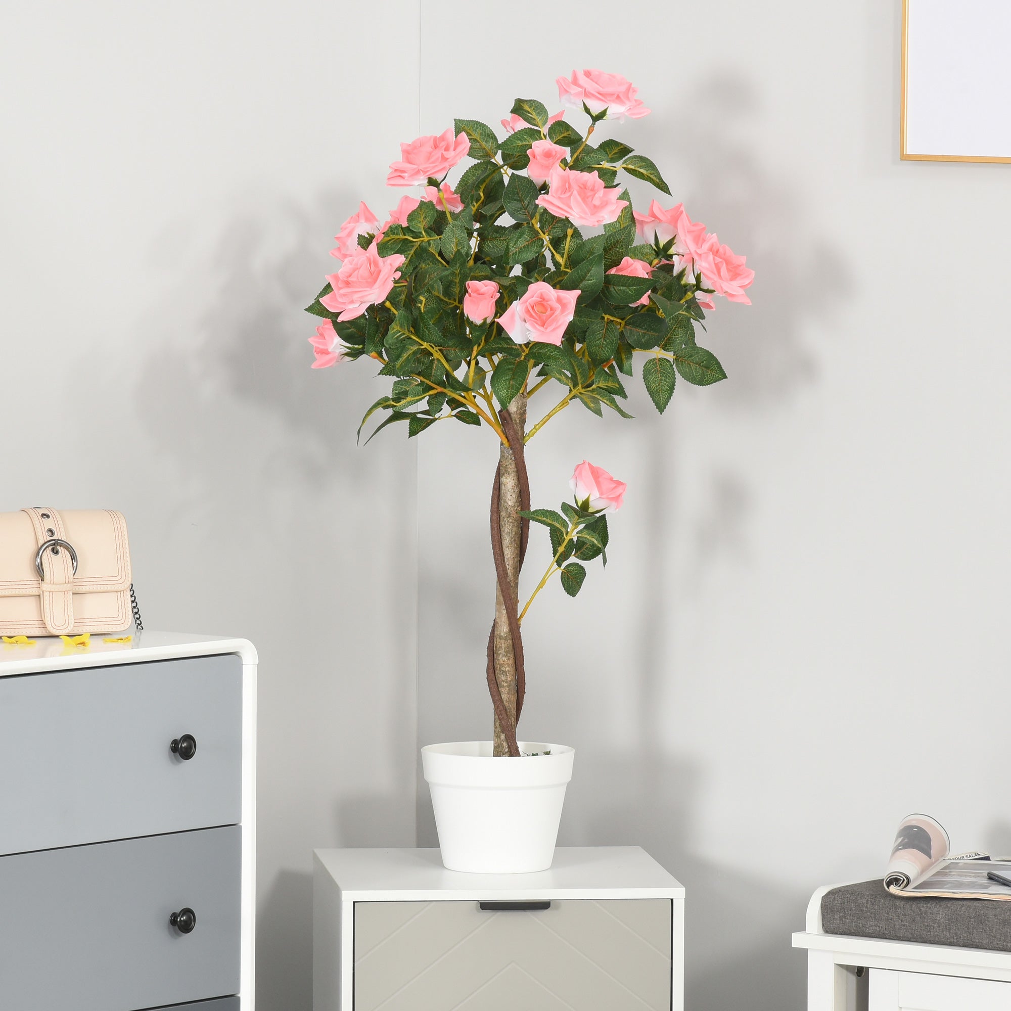 3FT Artificial Plant Pink Rose Floral in Pot, Fake Plant for Home Indoor Decor