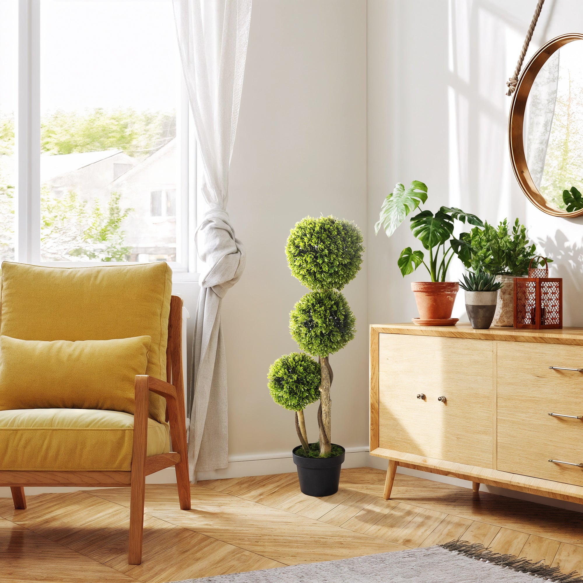 35 Inch Potted Fake Plant, Artificial Boxwood Topiary Tree, Triple Ball Tree for Indoor and Outdoor, Green