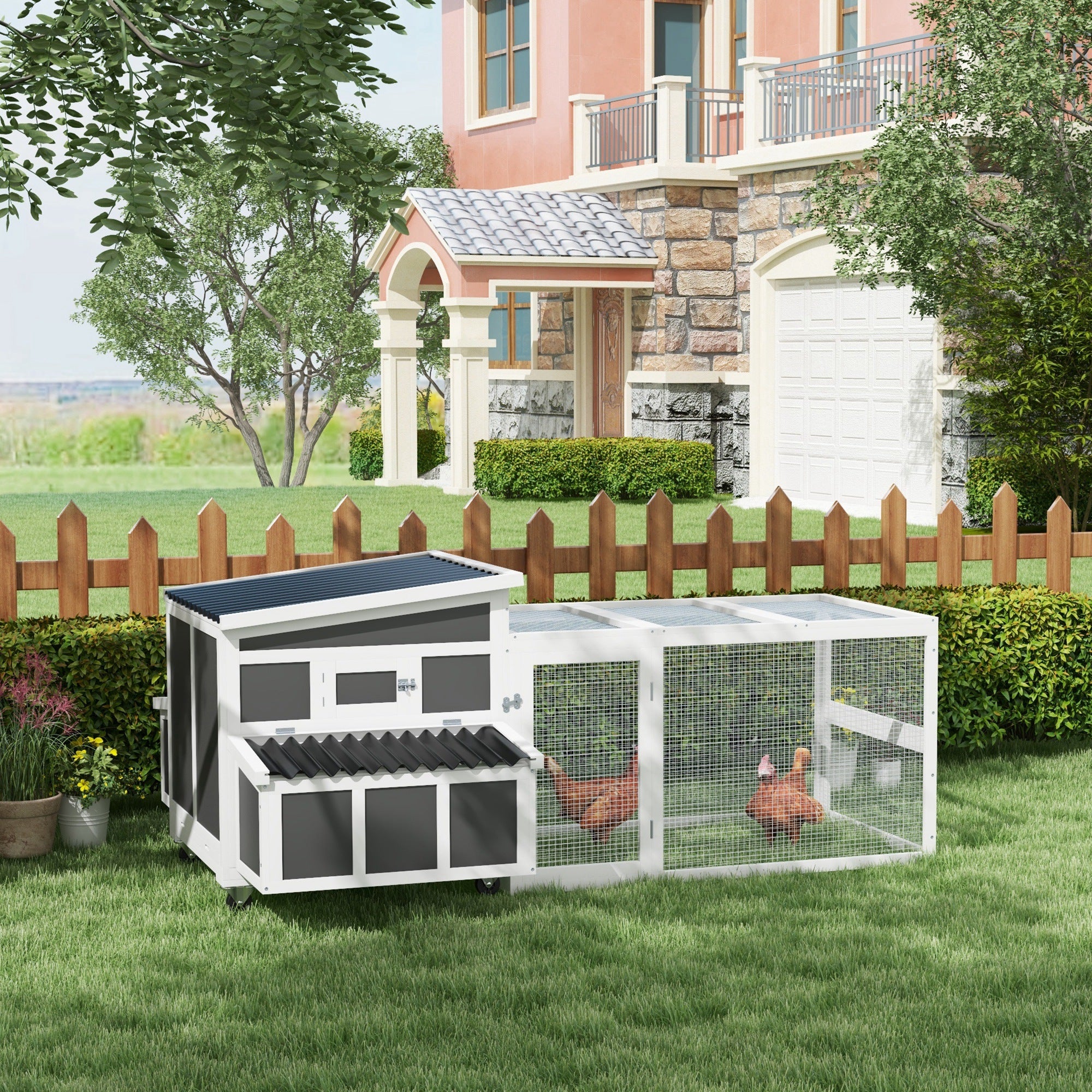 Wooden Chicken Coop, Rabbit Hutch with Large Run, Outdoor Poultry Cage with Nesting Box, Tray, Windows, Dark Grey
