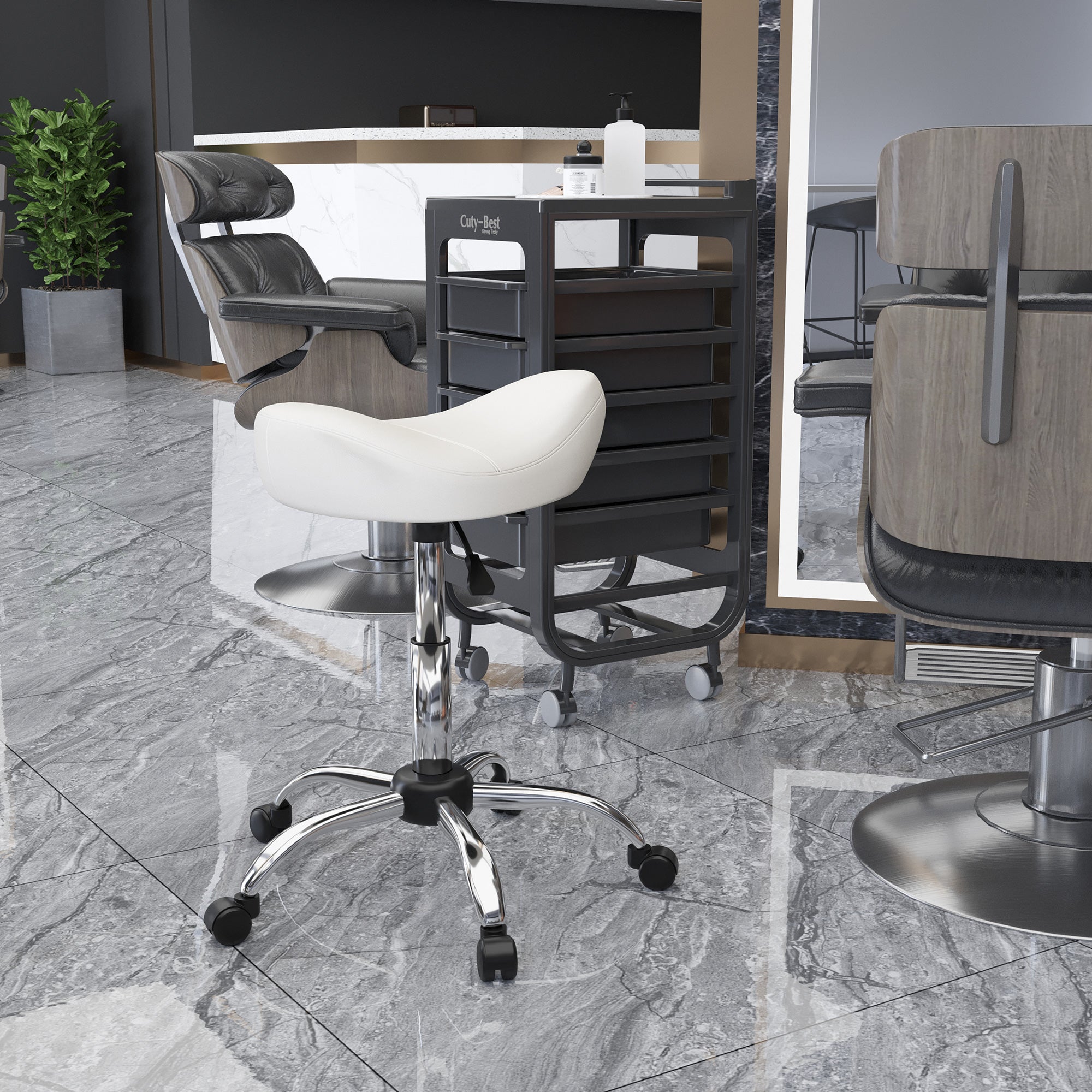 Saddle Stool, Height Adjustable Rolling Salon Chair with PU Leather for Massage, Spa, Clinic, Beauty and Tattoo, White