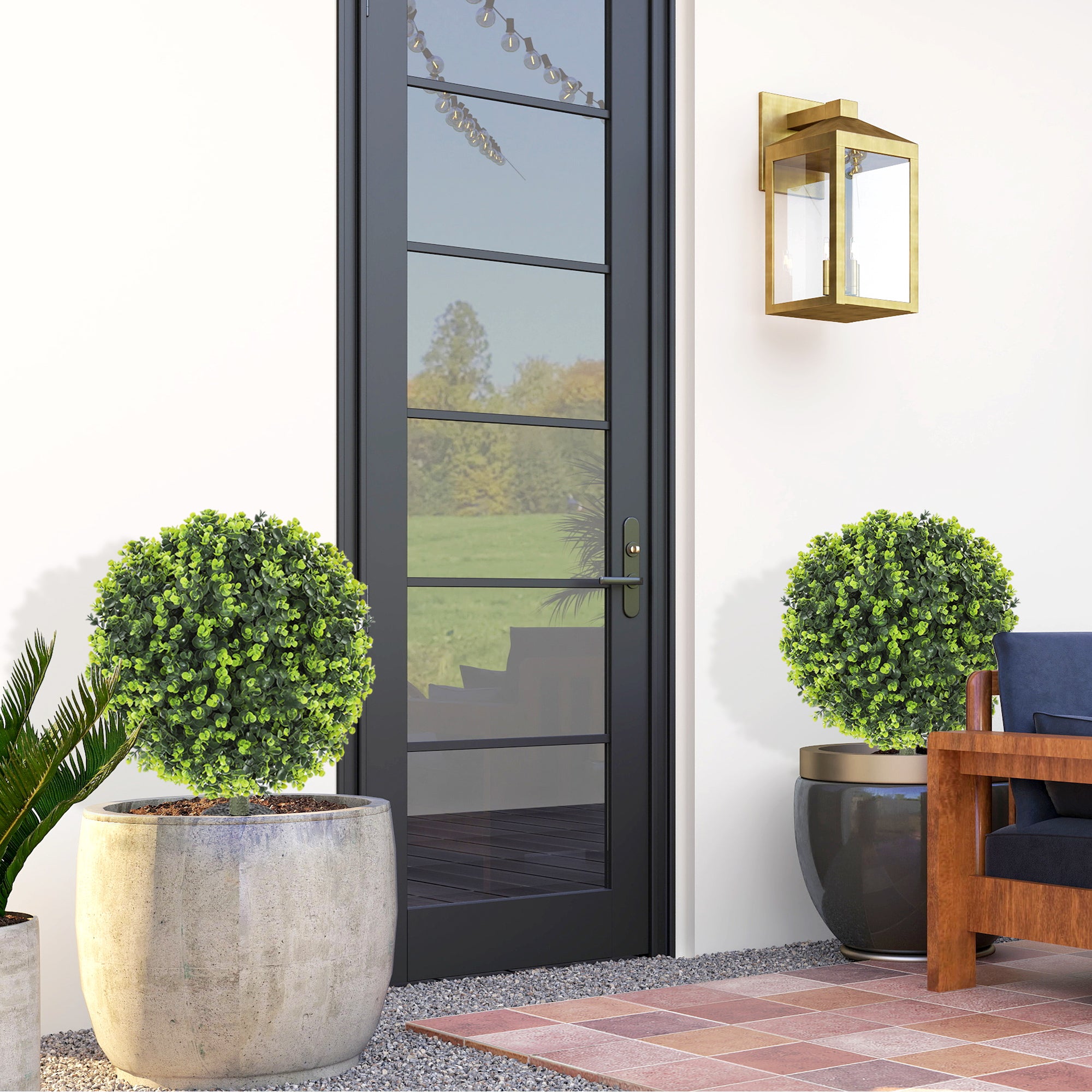 2 Pack 1.3ft Artificial Ball Eucalyptus Topiary with Ground Stake, UV Resistant Faux Greenery for Indoor Outdoor