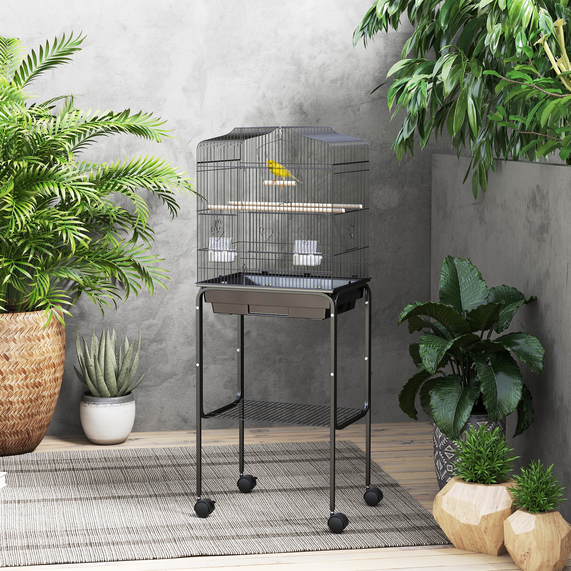 49" Rolling Bird Cage Cockatoo House Play Top Finch Pet Supply with Storage Shelf, Wheels - Black