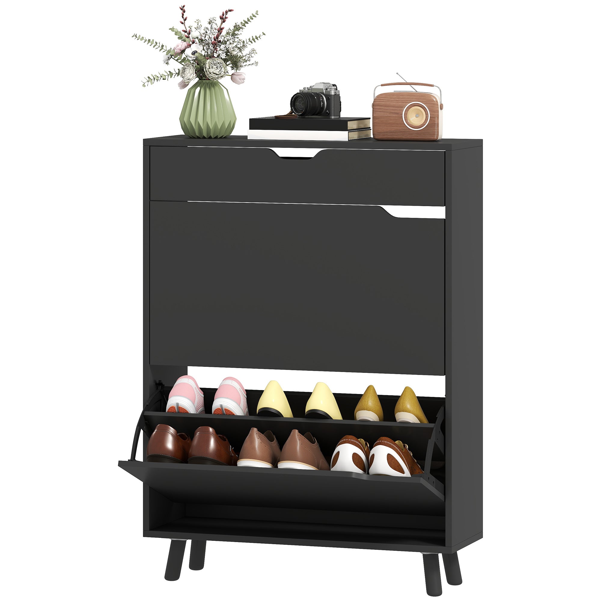 Narrow Shoe Cabinet for Entryway with 2 Flip Drawers, Top Drawer and Adjustable Shelves for 12 Pairs of Shoes, Black