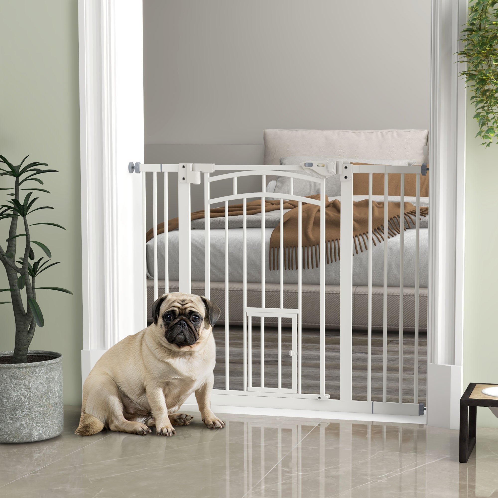 Auto-Close Pet Gate, Stair Gate with Cat Door, Double Locking for Doorways Hallways Stairs, Fits 29"-39.4" Wide, White