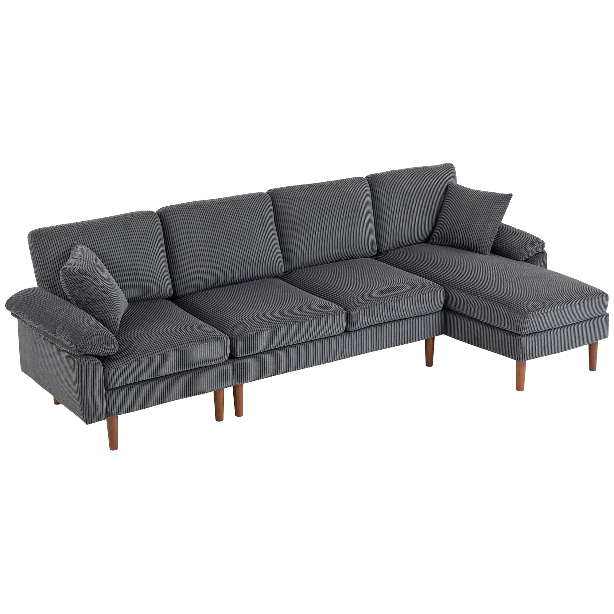 L-Shape Sofa, Modern Sectional Couch with Changeable Chaise Lounge, Pillows and Wooden Legs for Living Room, Dark Grey