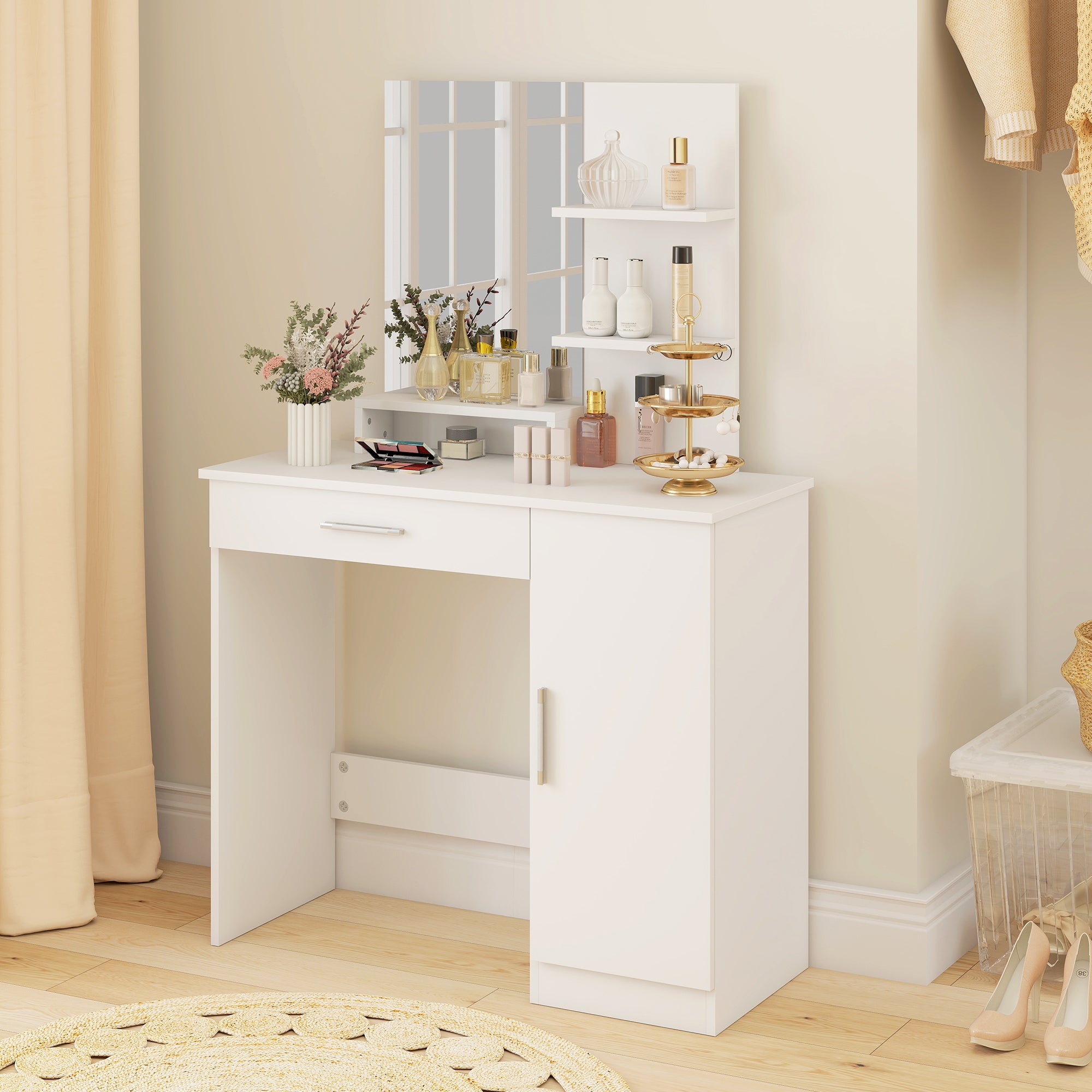 Vanity Desk with Mirror, Makeup Vanity w/ Drawer, Open Compartment and Shelves, Cabinet, Adjustable Shelves for Bedroom