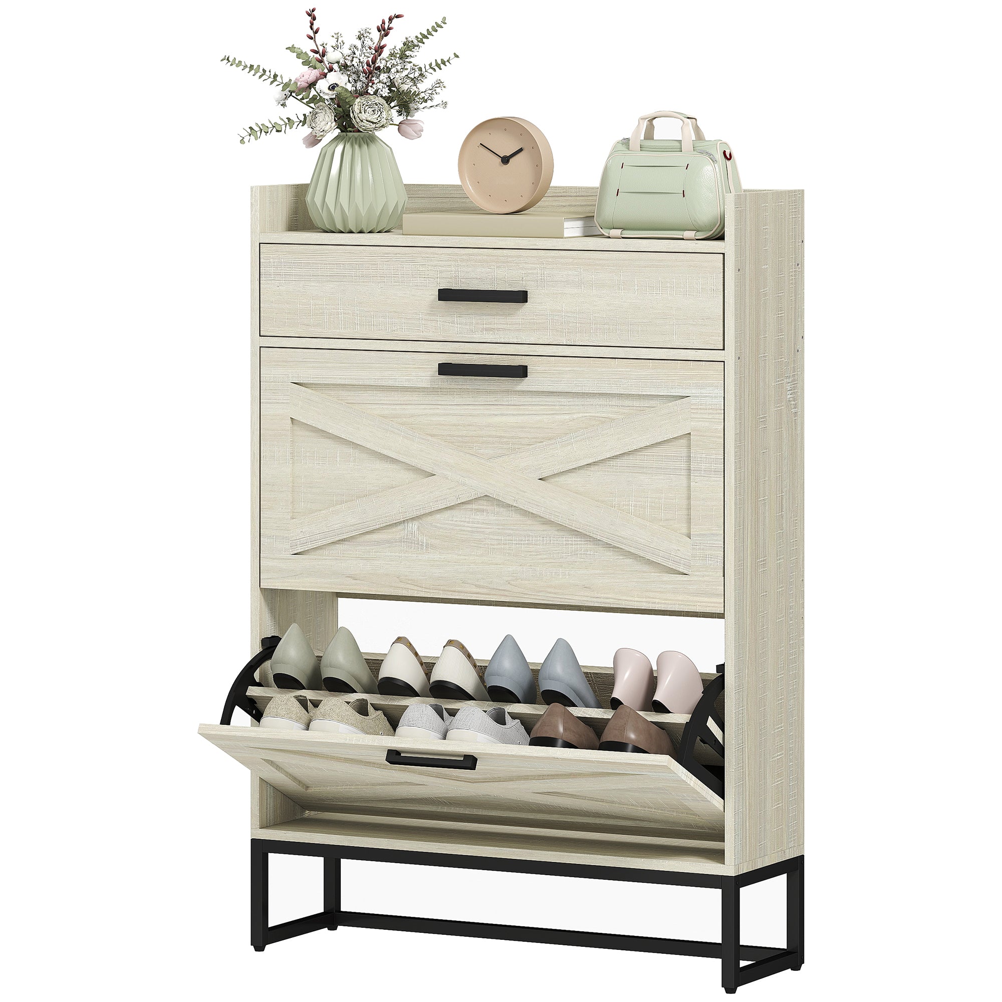 Slim Shoe Storage with 2 Flip Drawers and Adjustable Shelves Shoe Cabinet Organizer for 12 Pair, Distressed White