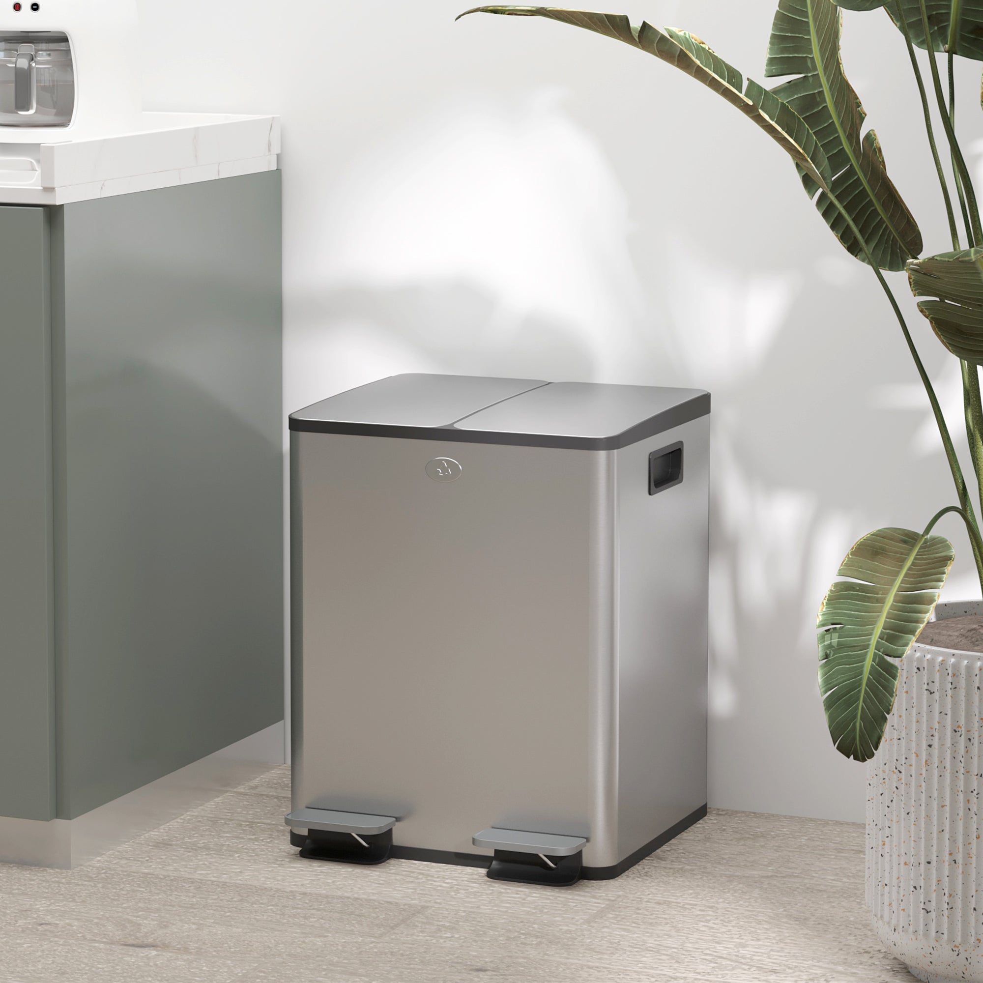 Dual Garbage Bin, Soft-Close Trash Can with Foot Pedal, 2 x 20 Liter Garbage Can with Removable Inner Buckets, Silver