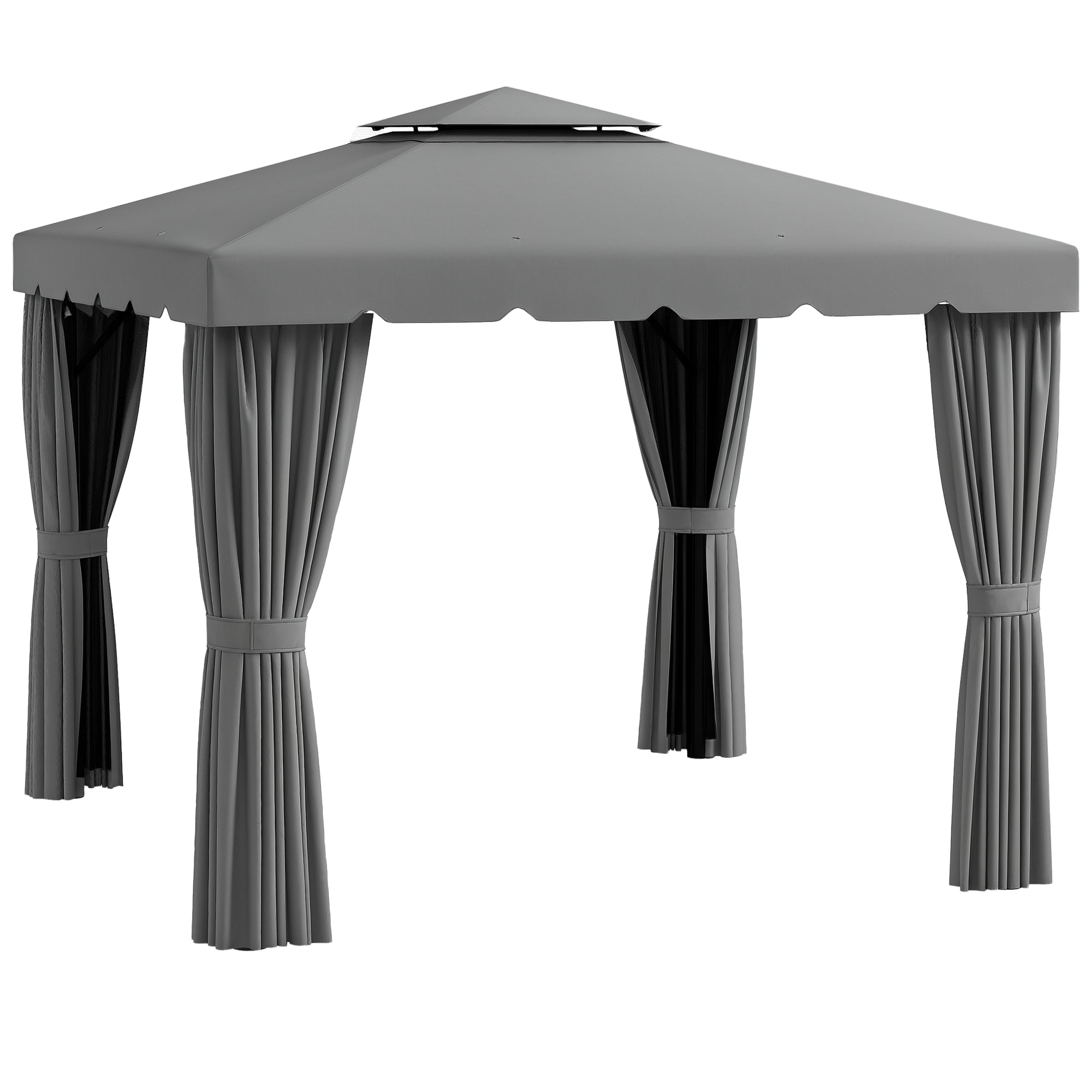 10' x 10' Outdoor Patio Gazebo Double Soft-top Garden Shelter Tent with Curtains, & Mesh Screen Drapes, Light Grey