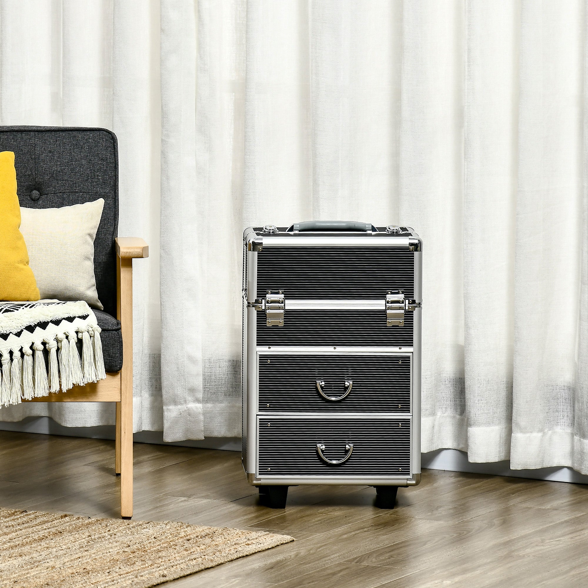 Aluminum Rolling Makeup Case, Portable Professional Cosmetic Makeup Case, Lockable Traveling Cart Trunk with Folding Trays, Swivel Wheels and Keys, Black