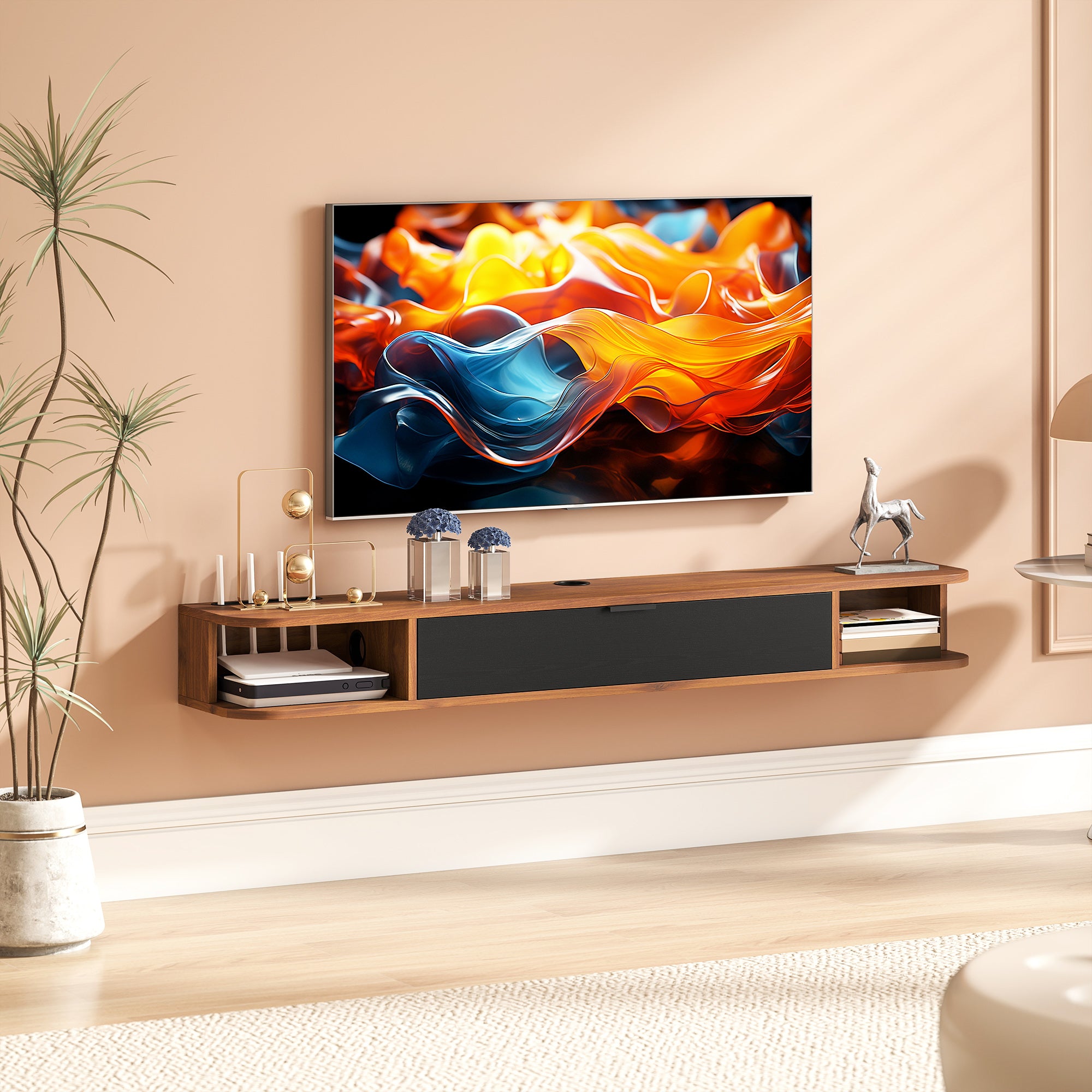 55" Floating TV Stand for TVs up to 60 Inch, Wall Mounted Media Console with Flip Drawer and 2 Open Shelves, Walnut