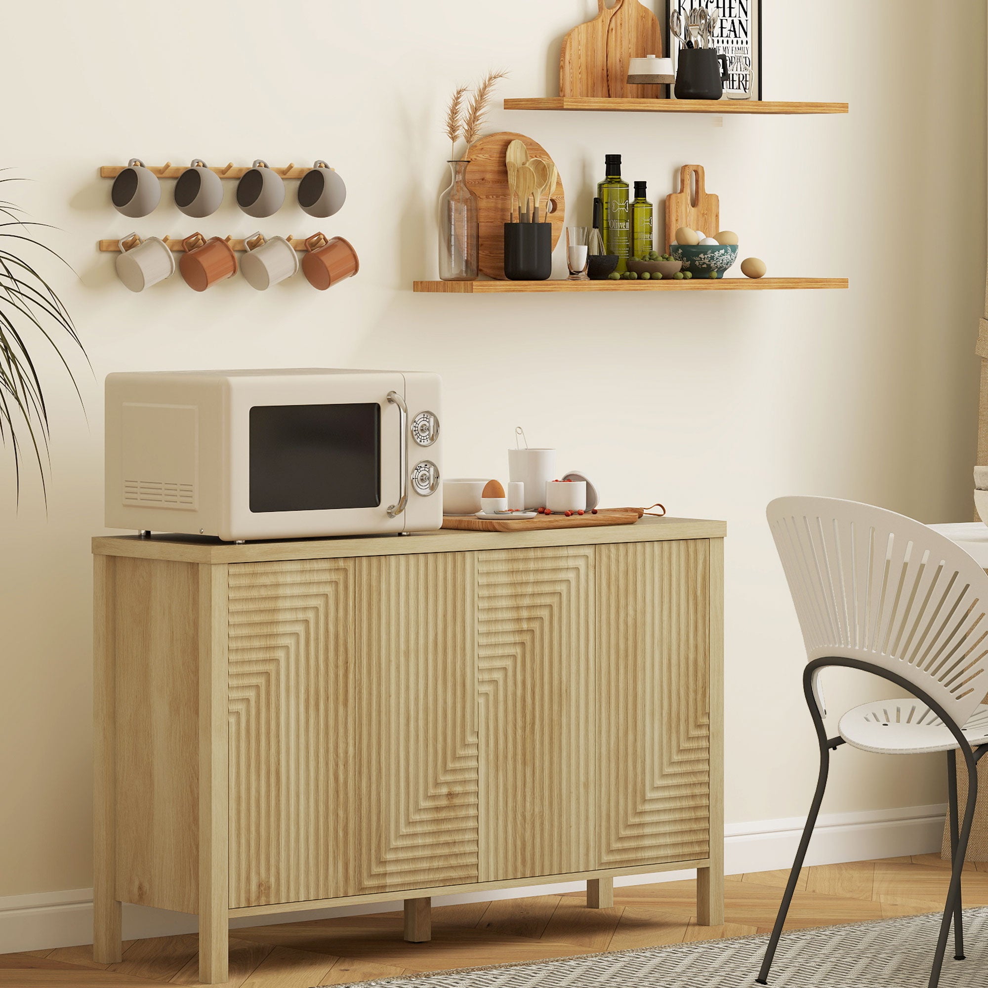 47" Buffet Cabinet with Storage, Fluted Sideboard with Push to Open Design, 2 Adjustable Shelves and 4 Doors, Natural