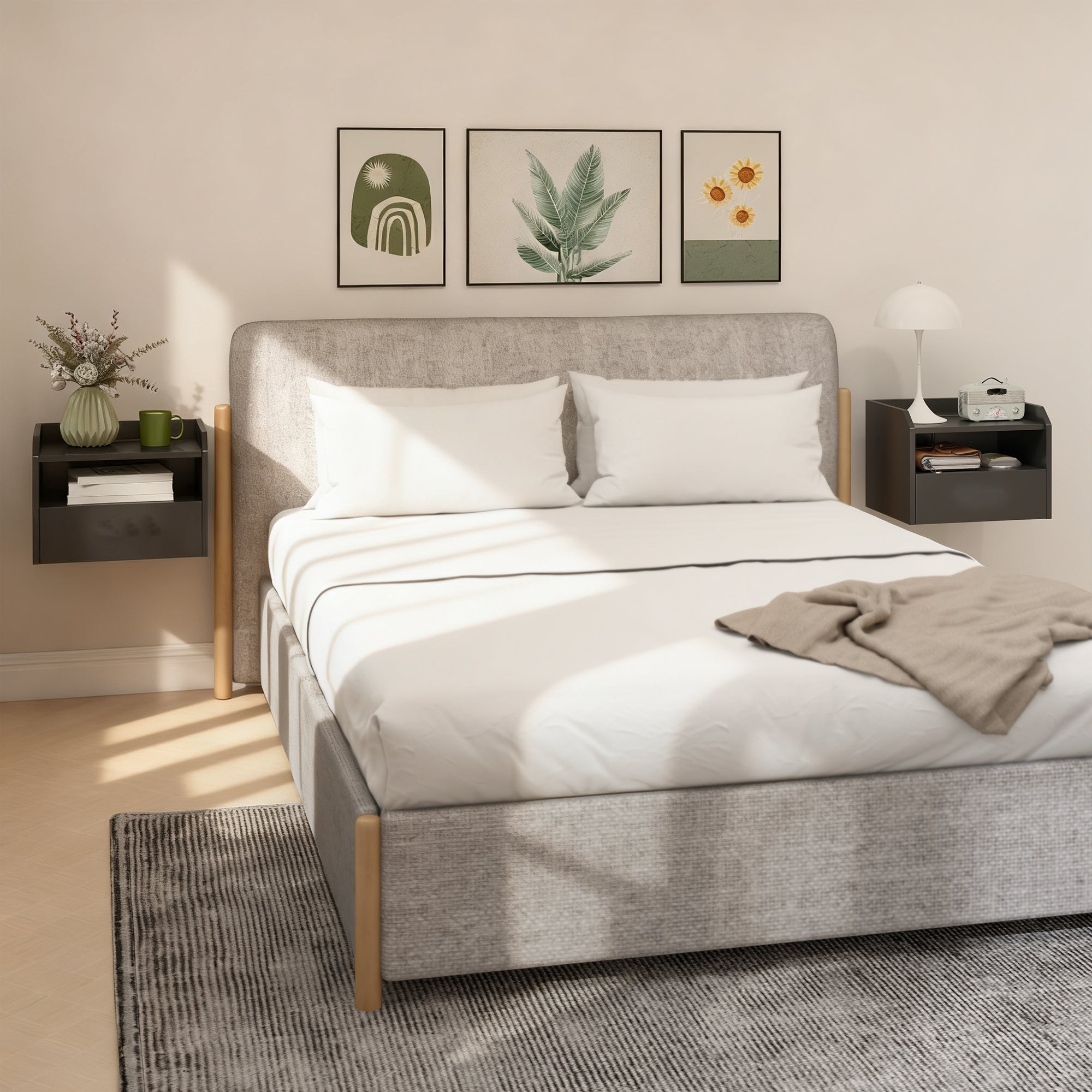 Wall Mounted Bedside Table, Set of 2 Floating Nightstand with Charging Station, Drawer and Open Shelf for Bedroom, Black