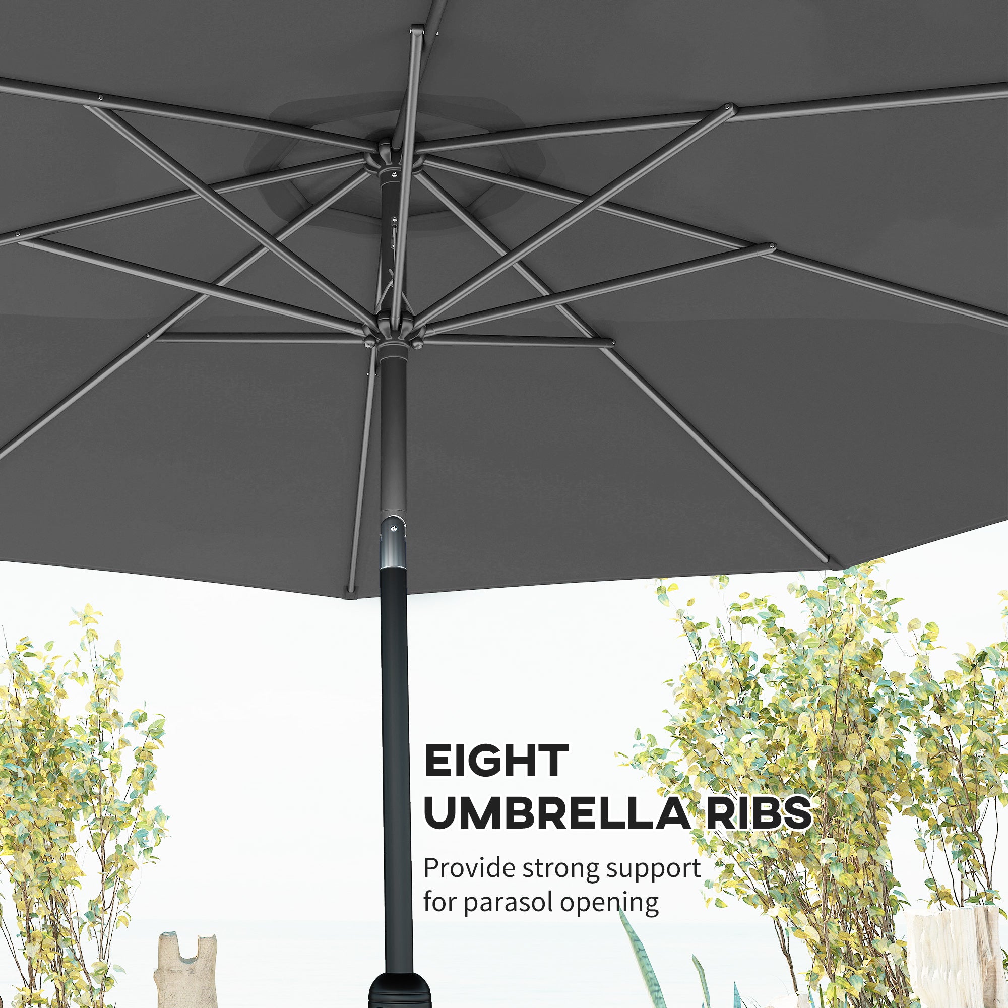 10' x 8' Round Market Umbrella, Patio Umbrella with Crank Handle and Tilt, Outdoor Parasol for Garden, Bench, Lawn, Grey