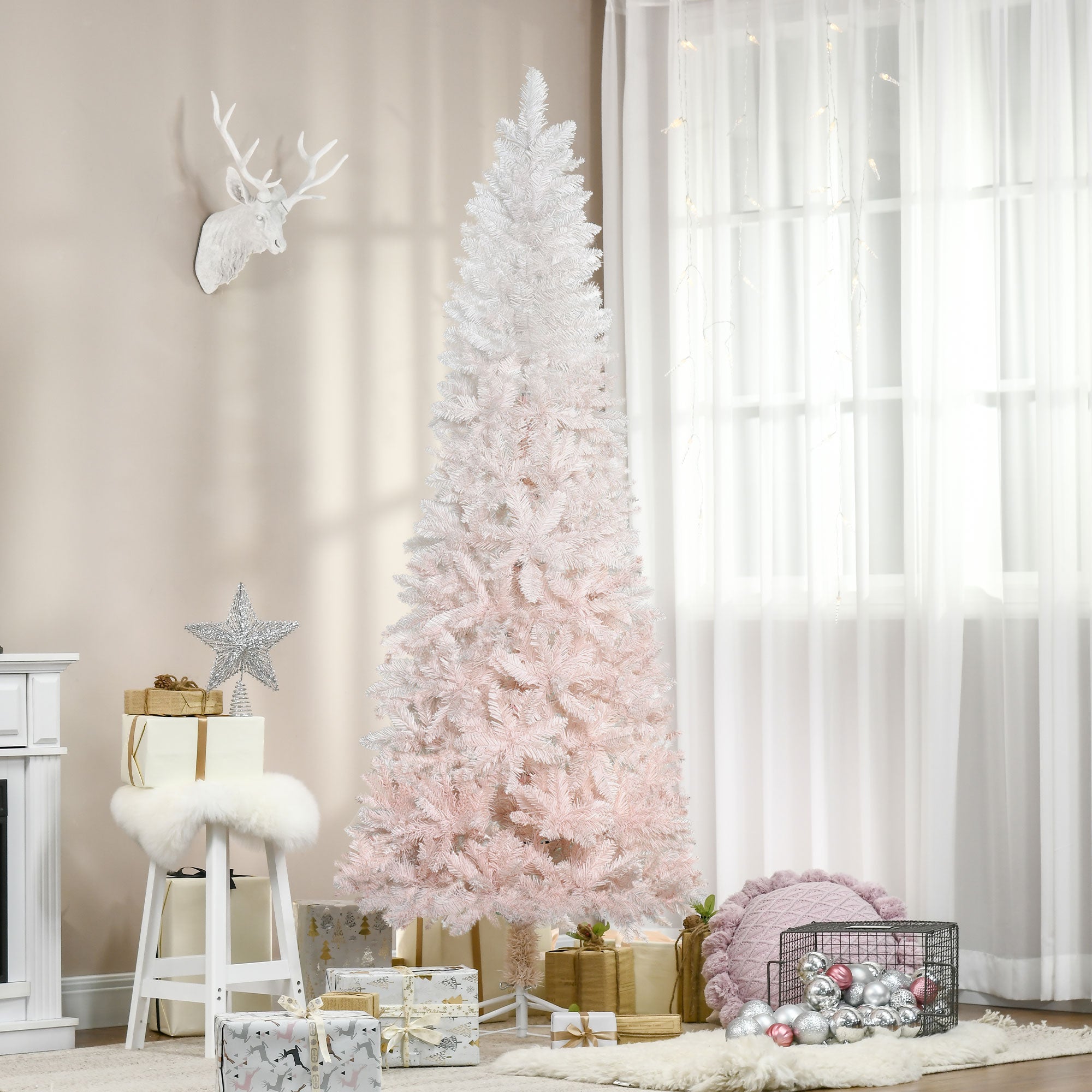 6ft Pencil Artificial Christmas Tree with Pine Realistic Branches, Auto Open, Pink and White