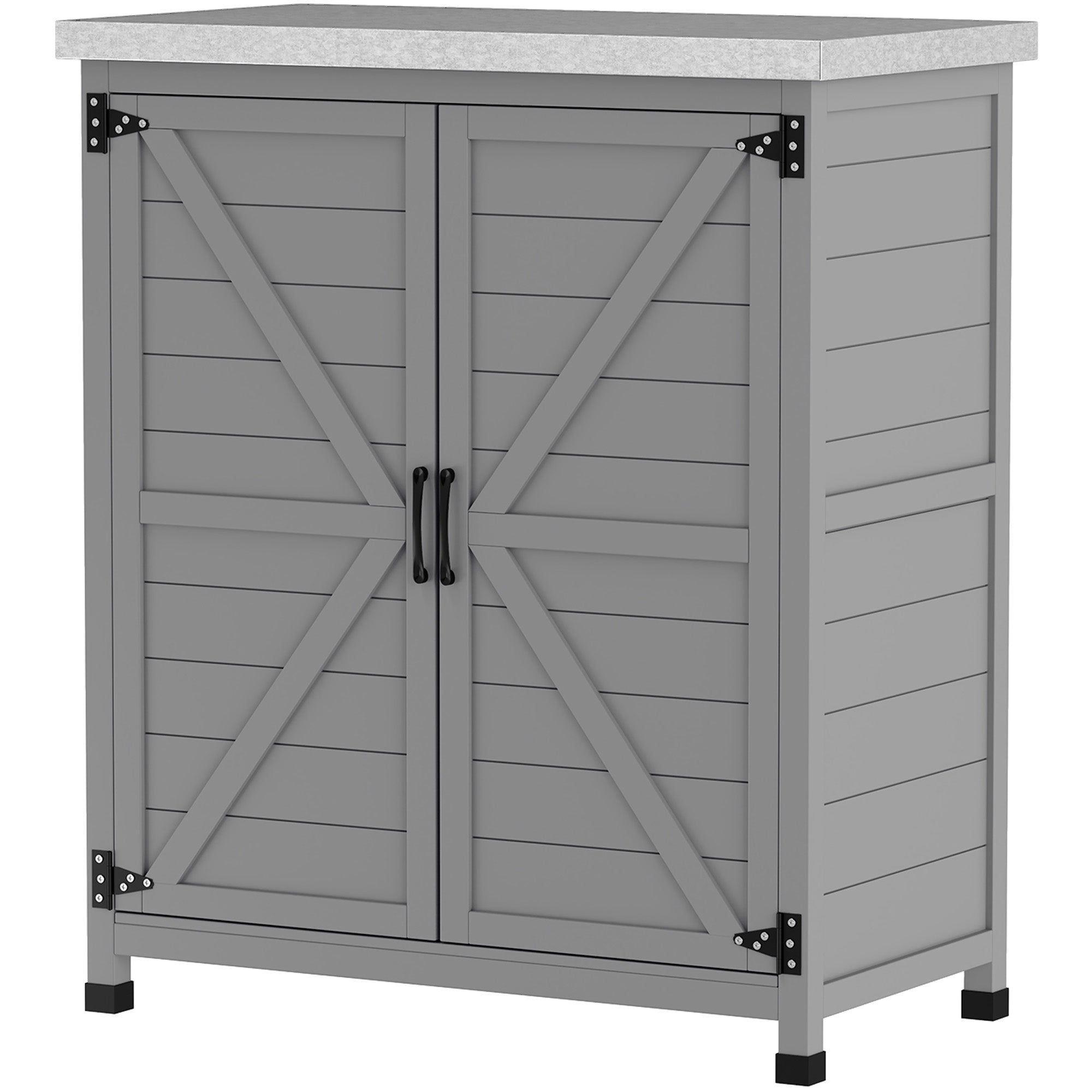 Garden Storage Cabinet, Outdoor Potting Bench Table with Metal Tabletop, Shelf and Double Doors, Grey
