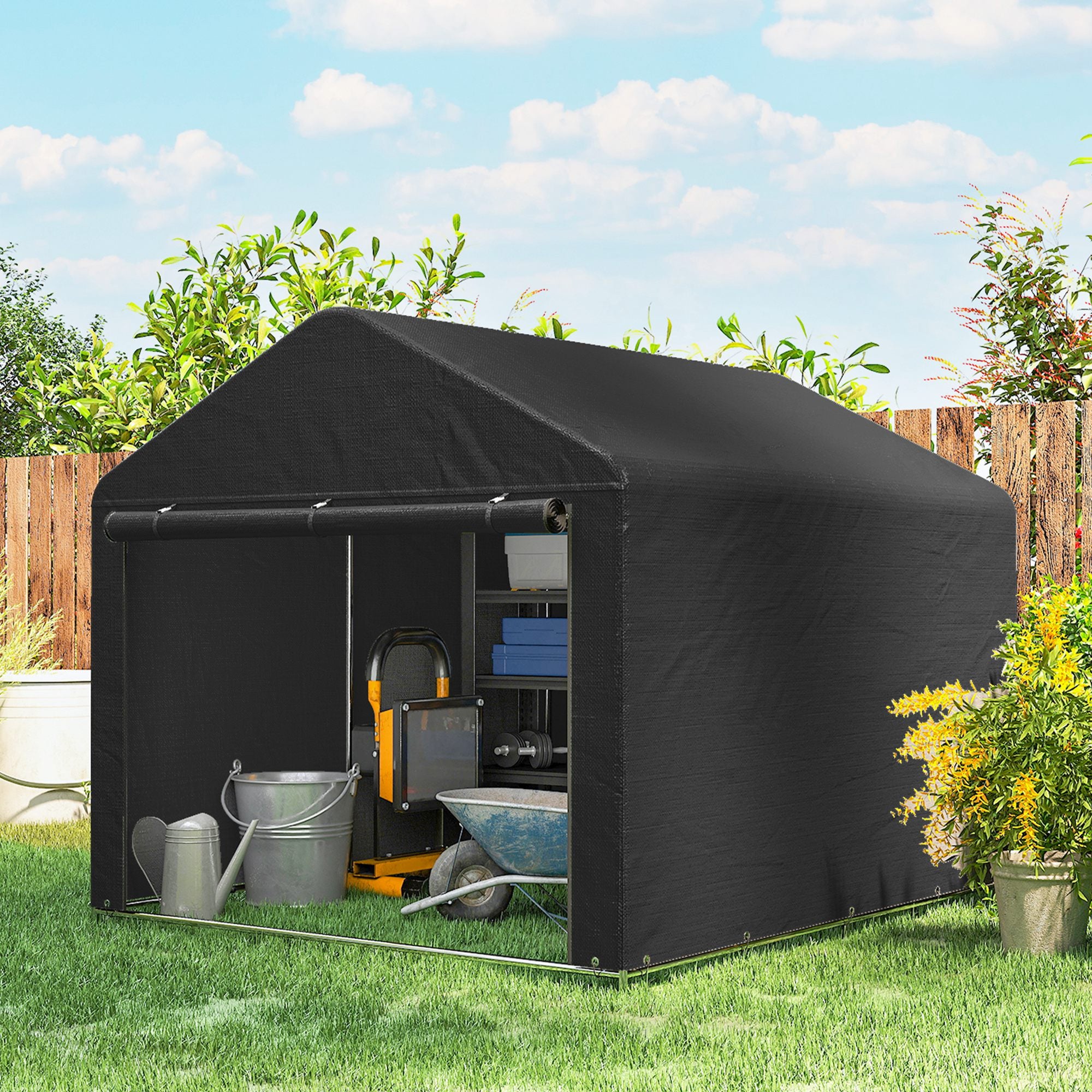 6.6' x 7.8' Portable Shed, Waterproof Bike Tent with Roll-up Zipper Door and Reinforced Galvanised Steel Frame, Black