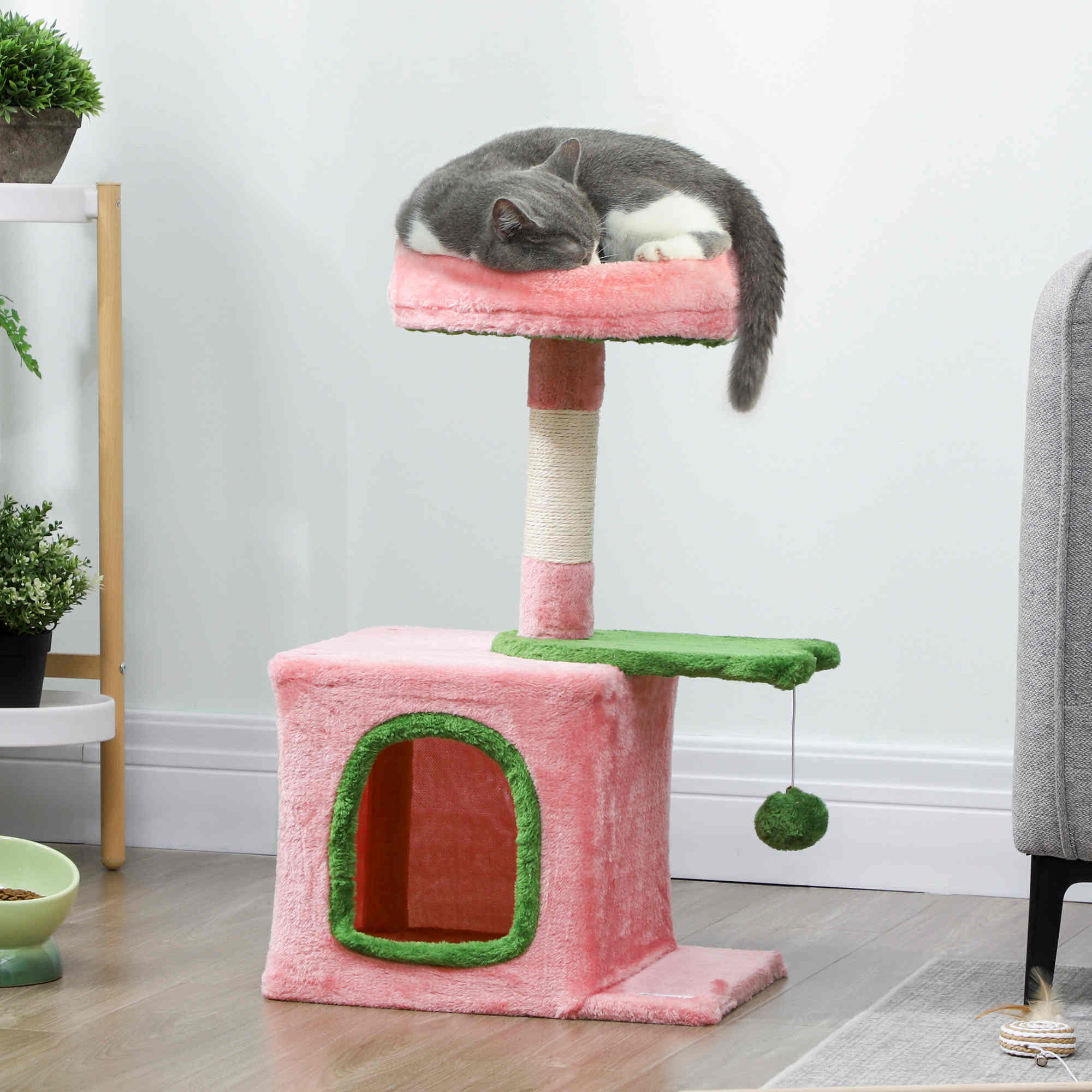 28" Cat Tree Tower with Plush Top Bed, Cozy Condo, Sisal Scratching Post, Perch, Dangling Ball, Pink & Green