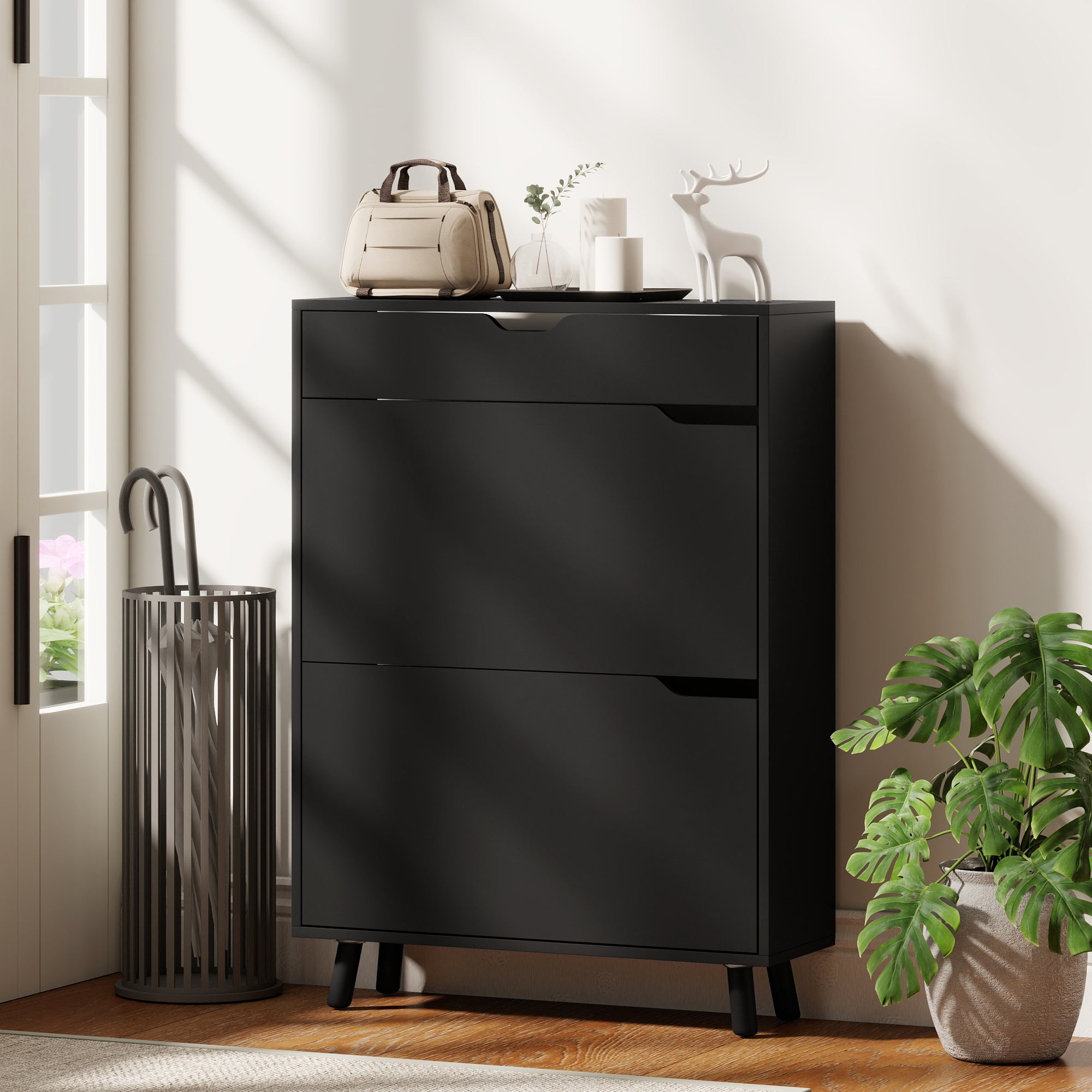 Narrow Shoe Cabinet for Entryway with 2 Flip Drawers, Top Drawer and Adjustable Shelves for 12 Pairs of Shoes, Black