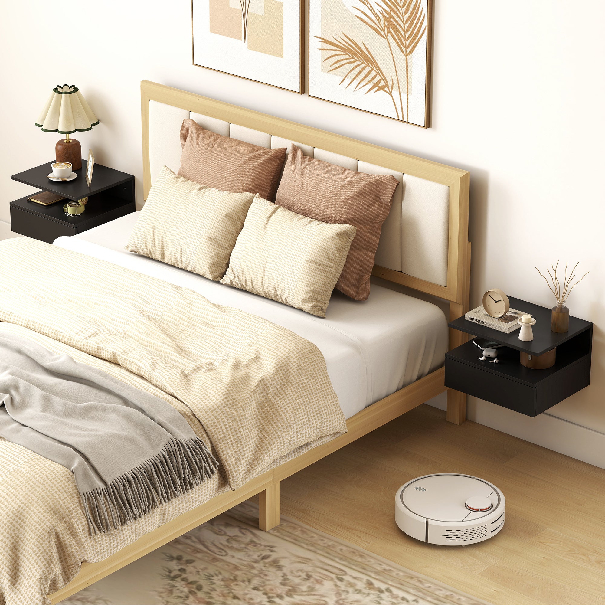 Floating Nightstand Set of 2, Wall Mounted Bedside Table with Drawer and Shelf, Small Night Stand for Bedroom, Black