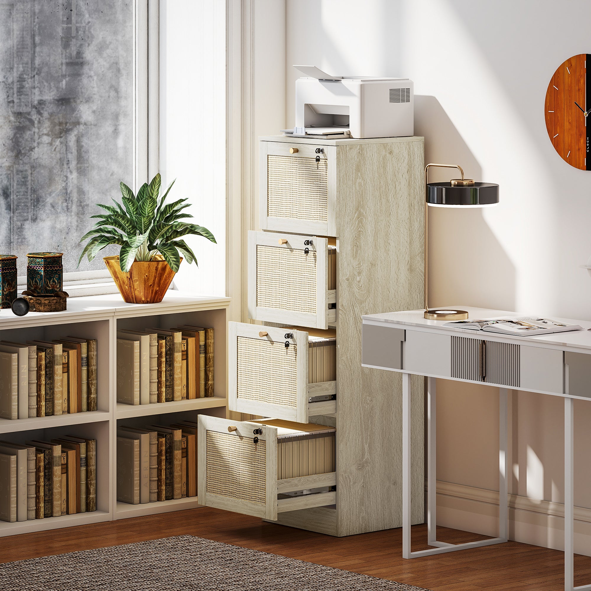 4 Drawer Filing Cabinet with Lock, Boho File Cabinet for A4 Letter Size Files with Decorative Rattan Accents, Oak