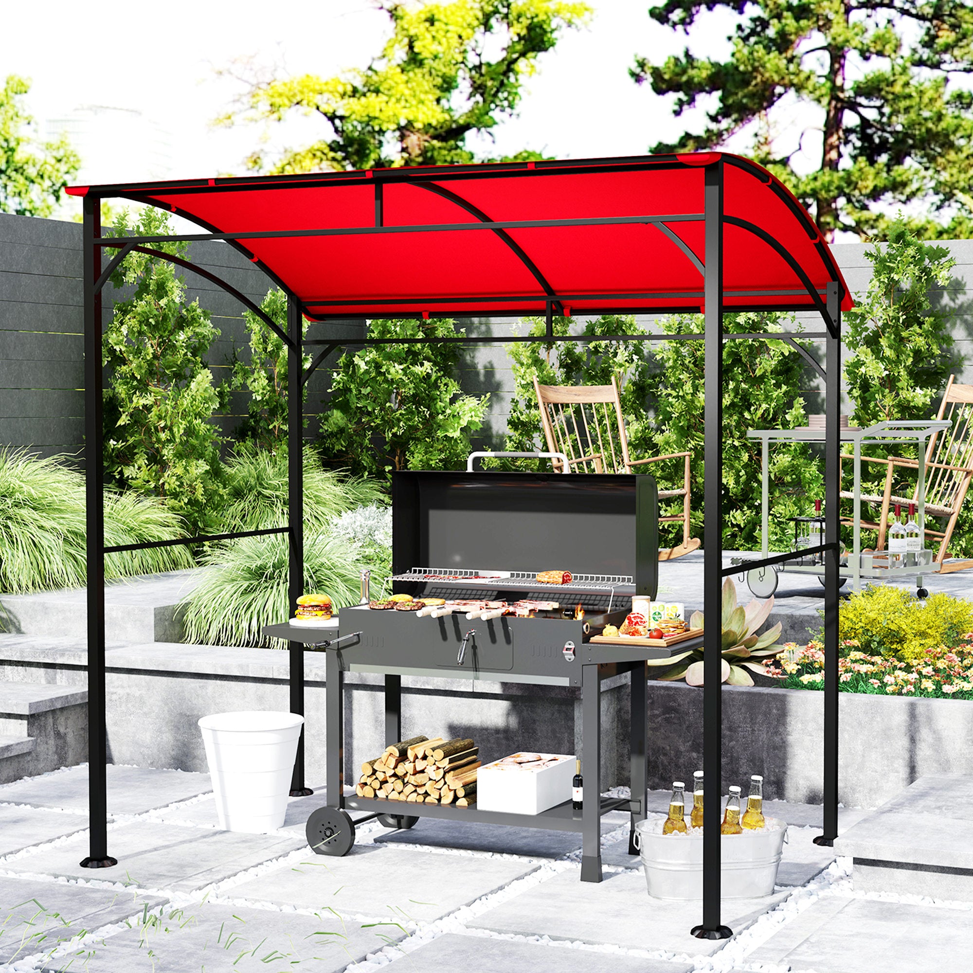 7' x 5' Garden Grill Canopy, BBQ Grill Gazebo Tent with Steel Frame and Hooks, Outdoor Sun Shade, Wine Red