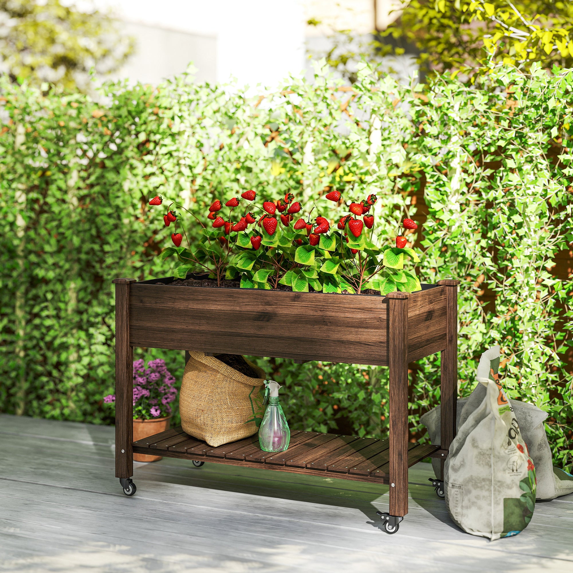 Mobile Raised Garden Bed Elevated Wood Planter Box with Lockable Wheels, Storage Shelf for Herbs Vegetables, Carbonized
