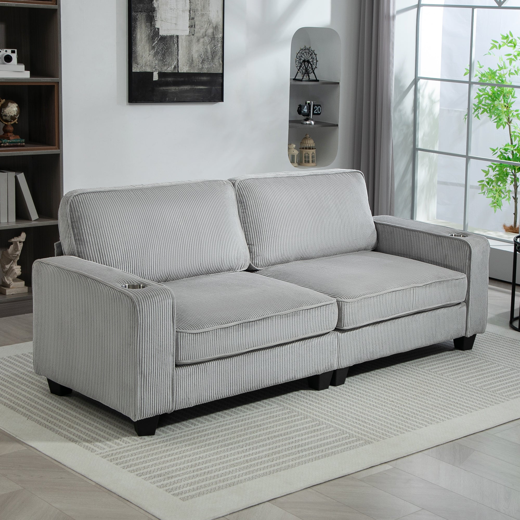 Three Seater Sofa, Fabric 3 Seater Couch with Spring Cushion and Cup Holders for Living Room, Bedroom, Light Grey