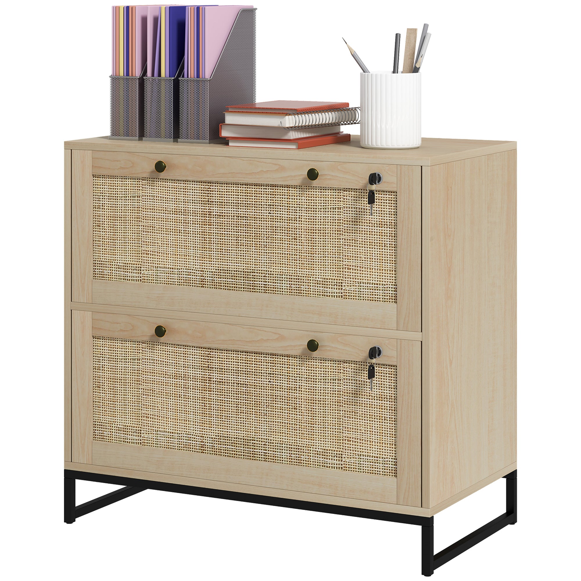 2-Drawer Filing Cabinet with Lock, Rattan File Cabinet with Adjustable Hanging Bar, Natural