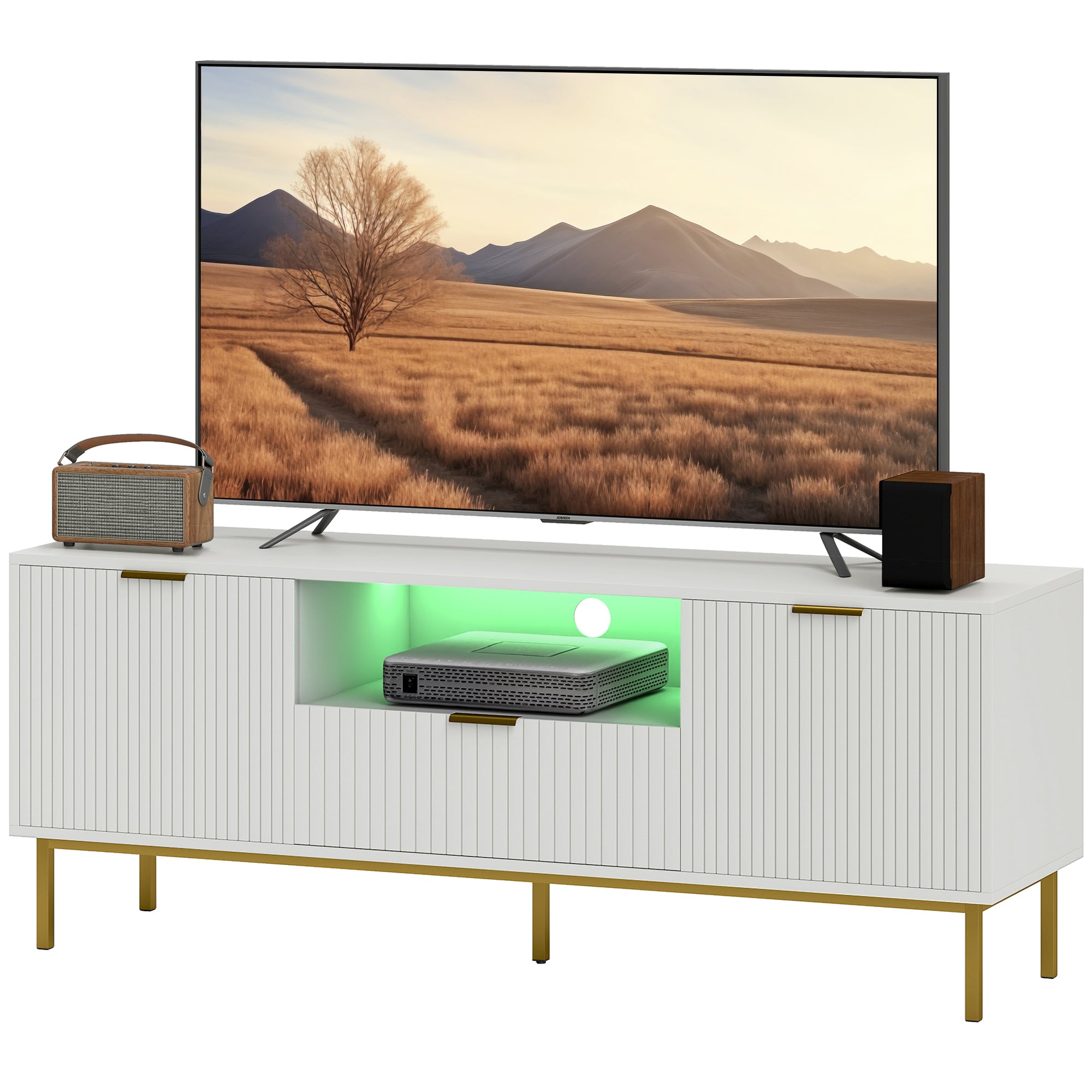 Modern TV Console for TVs up to 50 Inch, Entertainment Center with Smart RGB LED Lights and Soft Close Doors, White