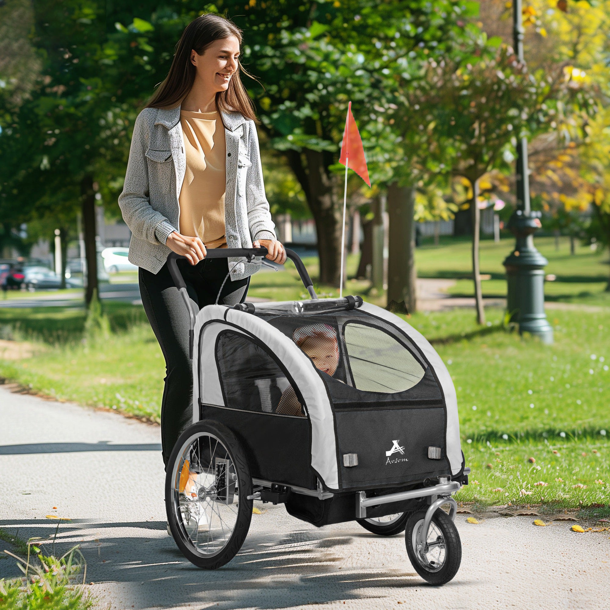 Aosom 2-in-1 Bike Trailer for Kids, Foldable 2-Seat Baby Stroller with 5-Point Harness, Rubber Wheels, Storage Bag, Black