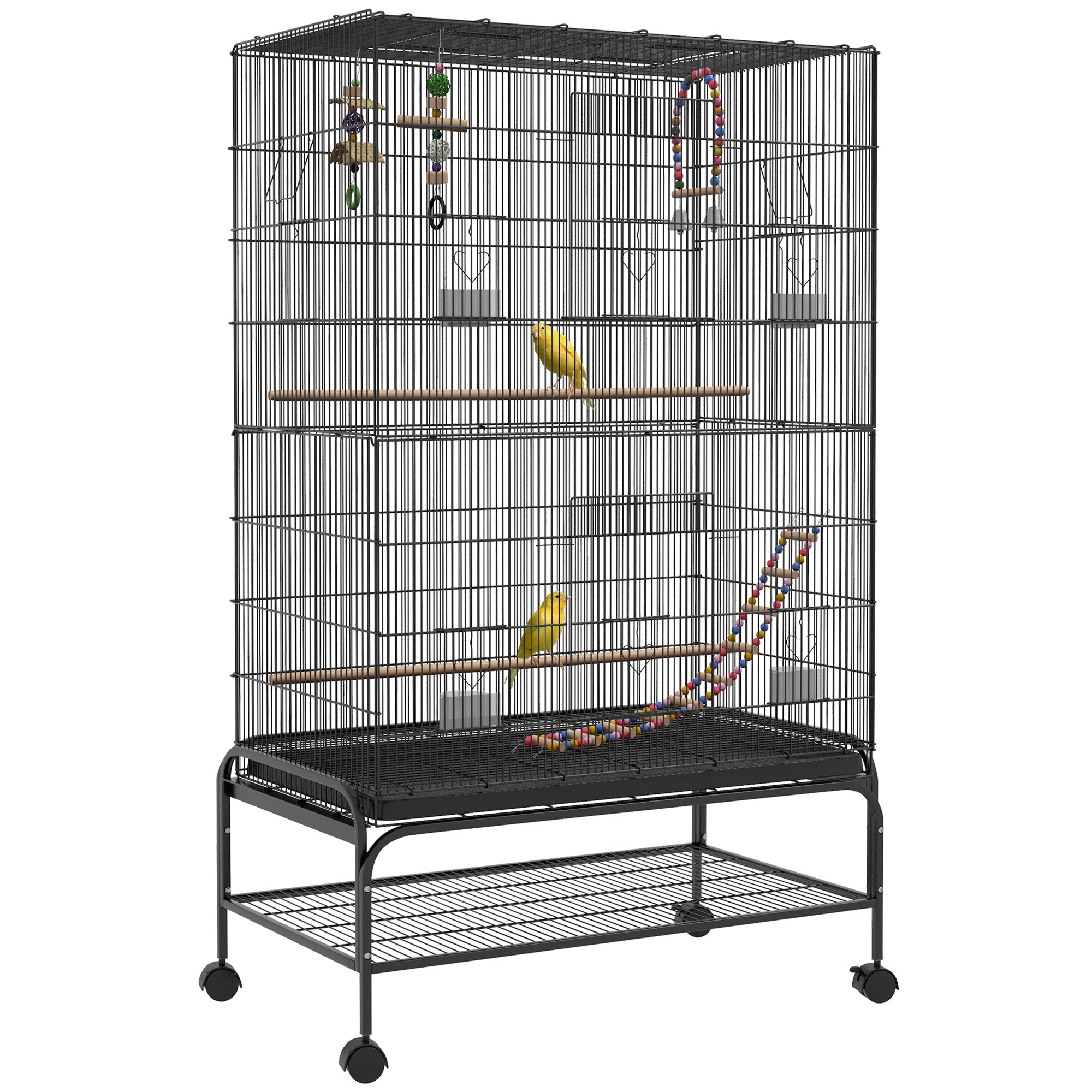 63" Bird Cage w/ Open Top for Budgies, Cockatiels, Lovebirds Finches, Stand, Toys, Removable Tray, Storage Shelf