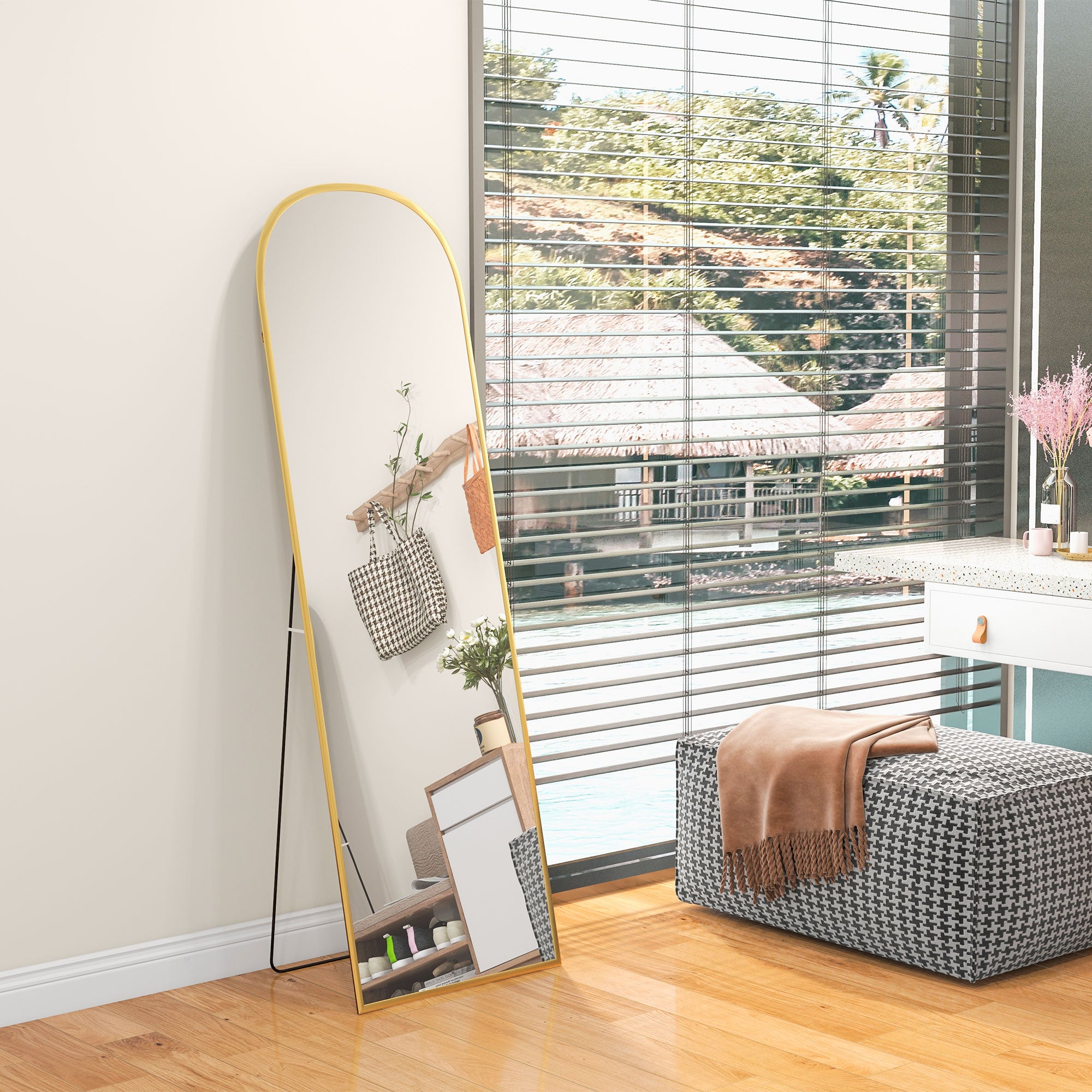 Arched Standing Mirror, 64" x 20" Full Length Mirror, Free Standing or Wall Mounted for Living Room, Bedroom, Gold