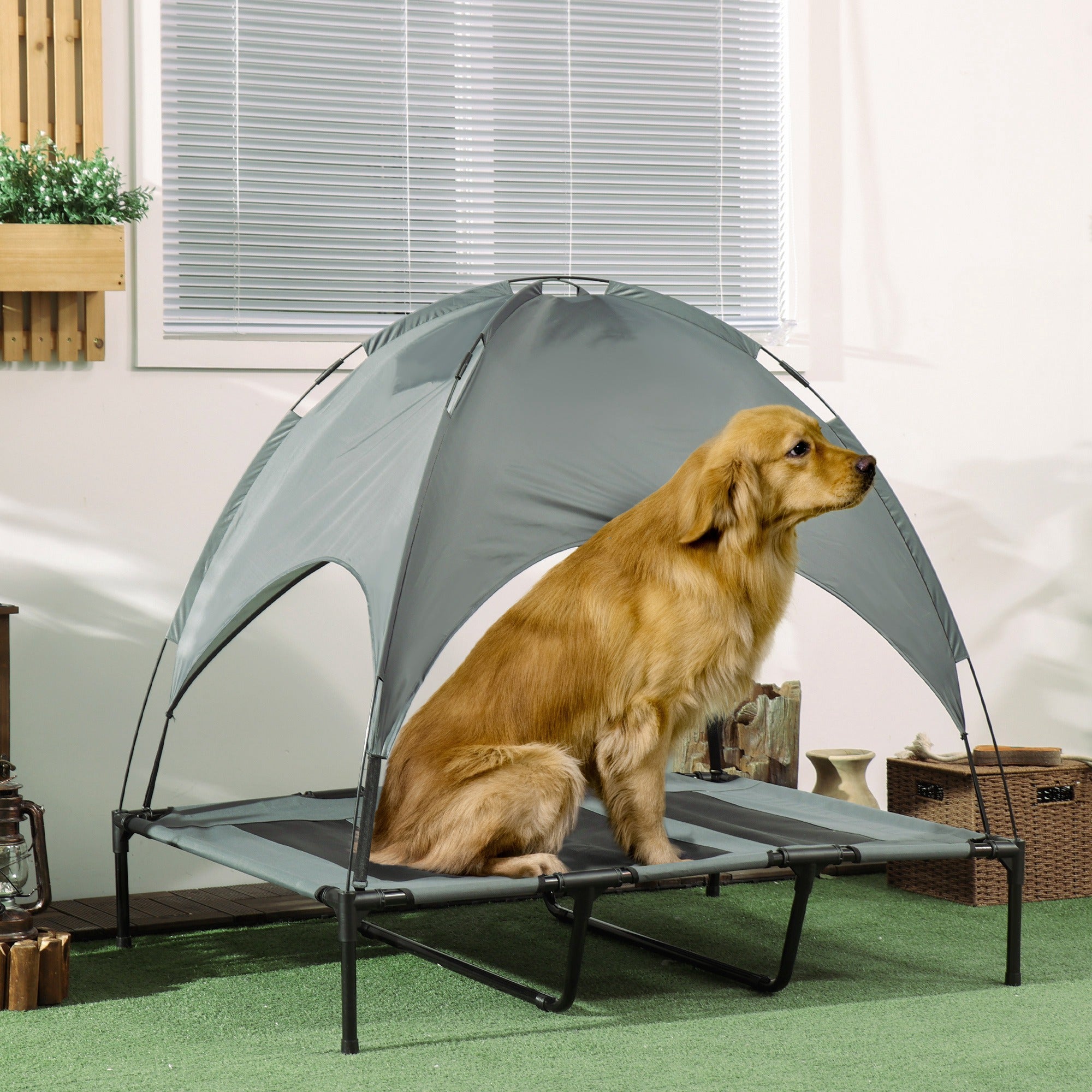 Elevated Dog Bed with Canopy, Portable Raised Dog Cot for XL Sized Dogs, Indoor & Outdoor, 48" x 36" x 43", Grey