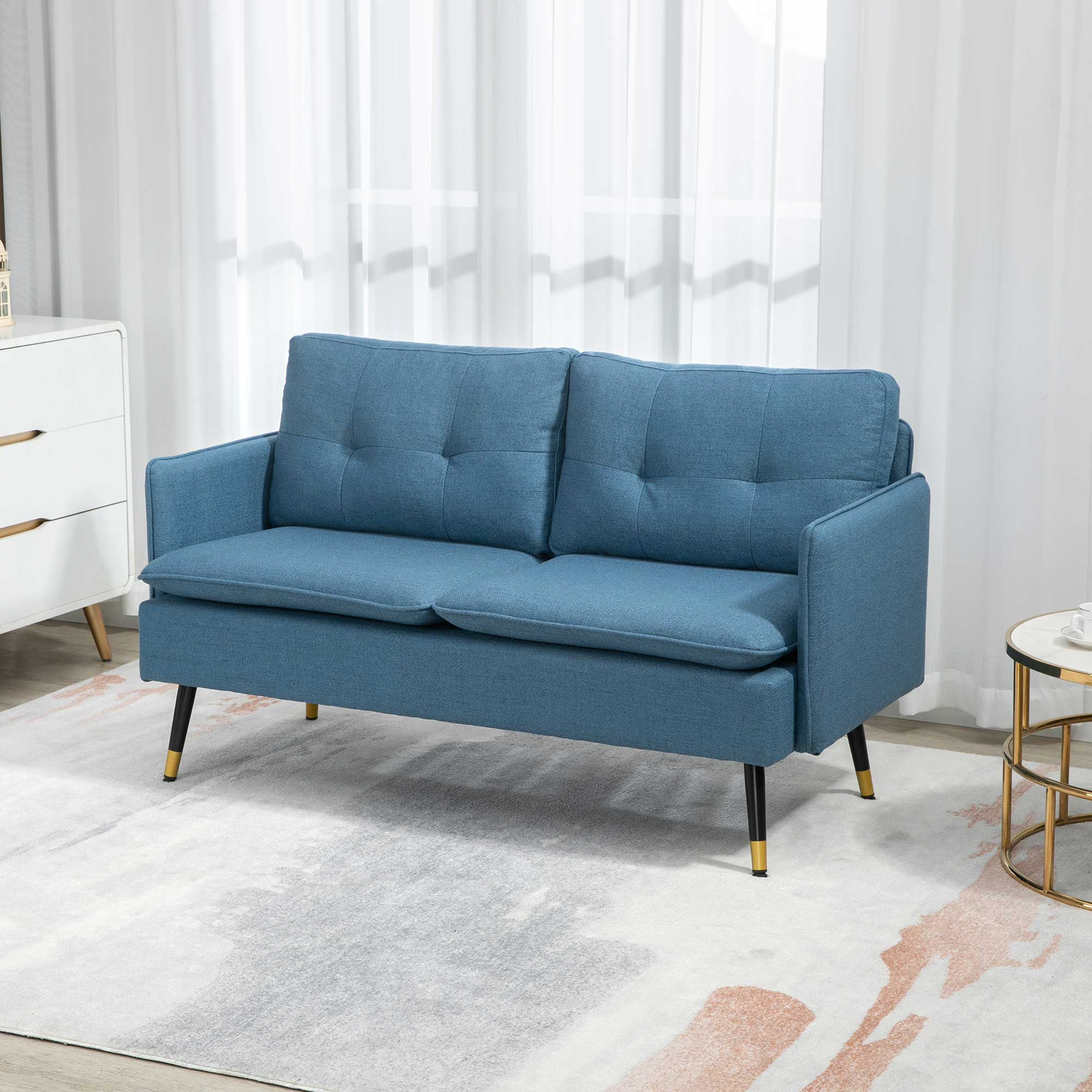 55" Loveseat Sofa, Linen Love Seat w/ S spring, Steel Legs and Button Tufting, Small Couch for Living Room, Dark Blue