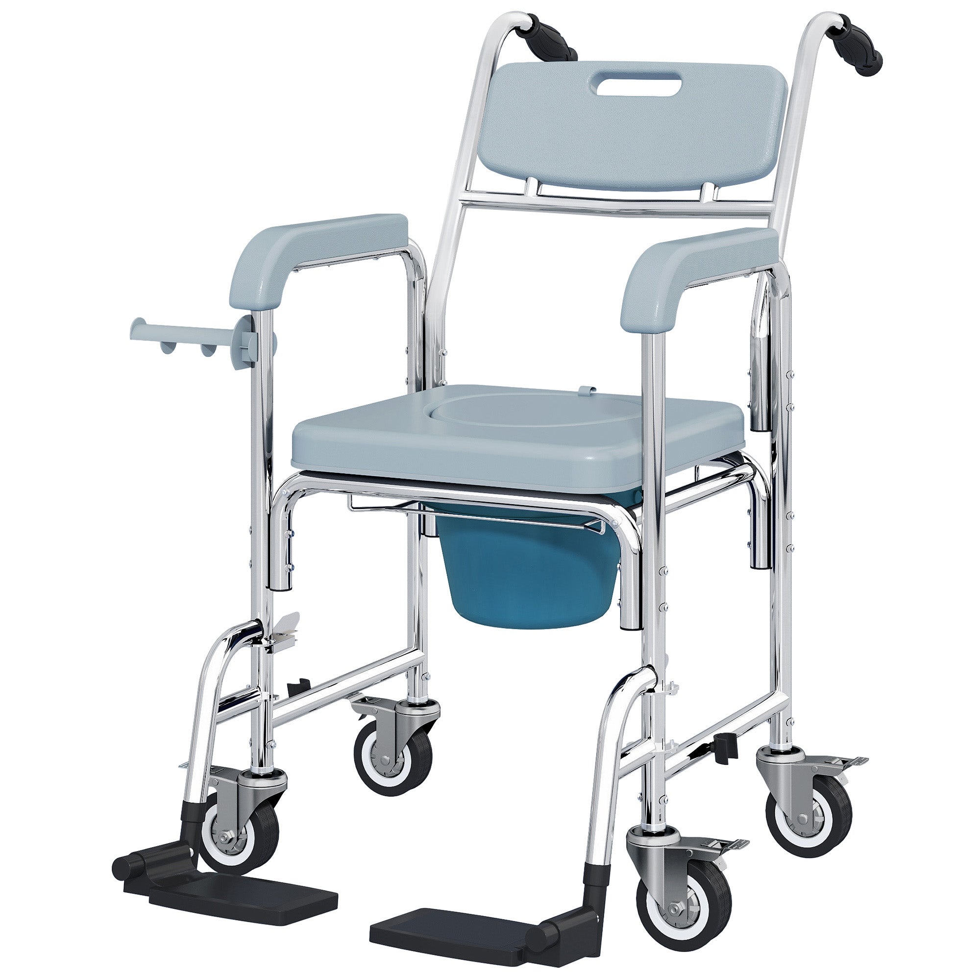 Rolling Shower Chair, Bedside Commode Chair with Wheels, Backrest, Arms, Flip Footrests for Seniors, Disabled, Grey