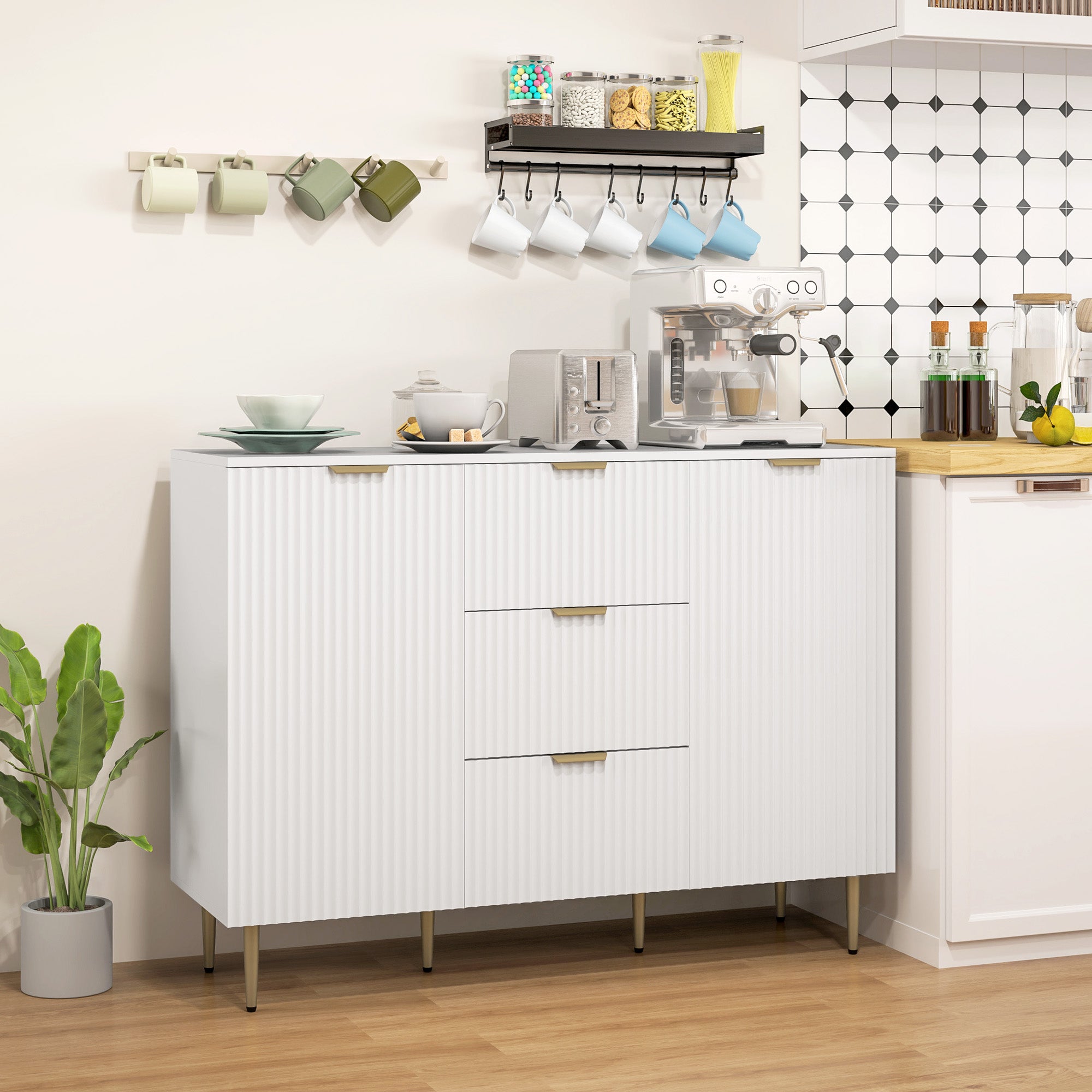 Modern Kitchen Storage Cabinet, Sideboard Buffet Cabinet w/ 3 Drawers and Adjustable Shelves for Kitchen Hallway, White