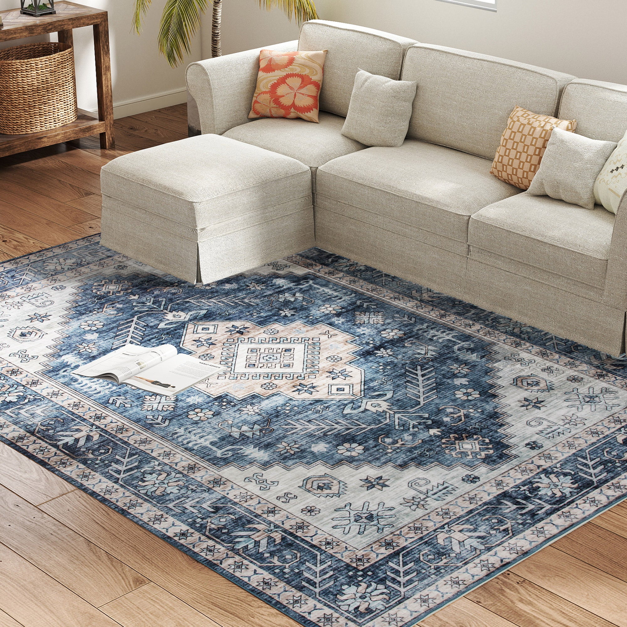 6x9 Area Rug, Vintage Machine Washable Rug, Non-Slip Floor Carpet for Living Room, Bedroom, Dining Room, Blue