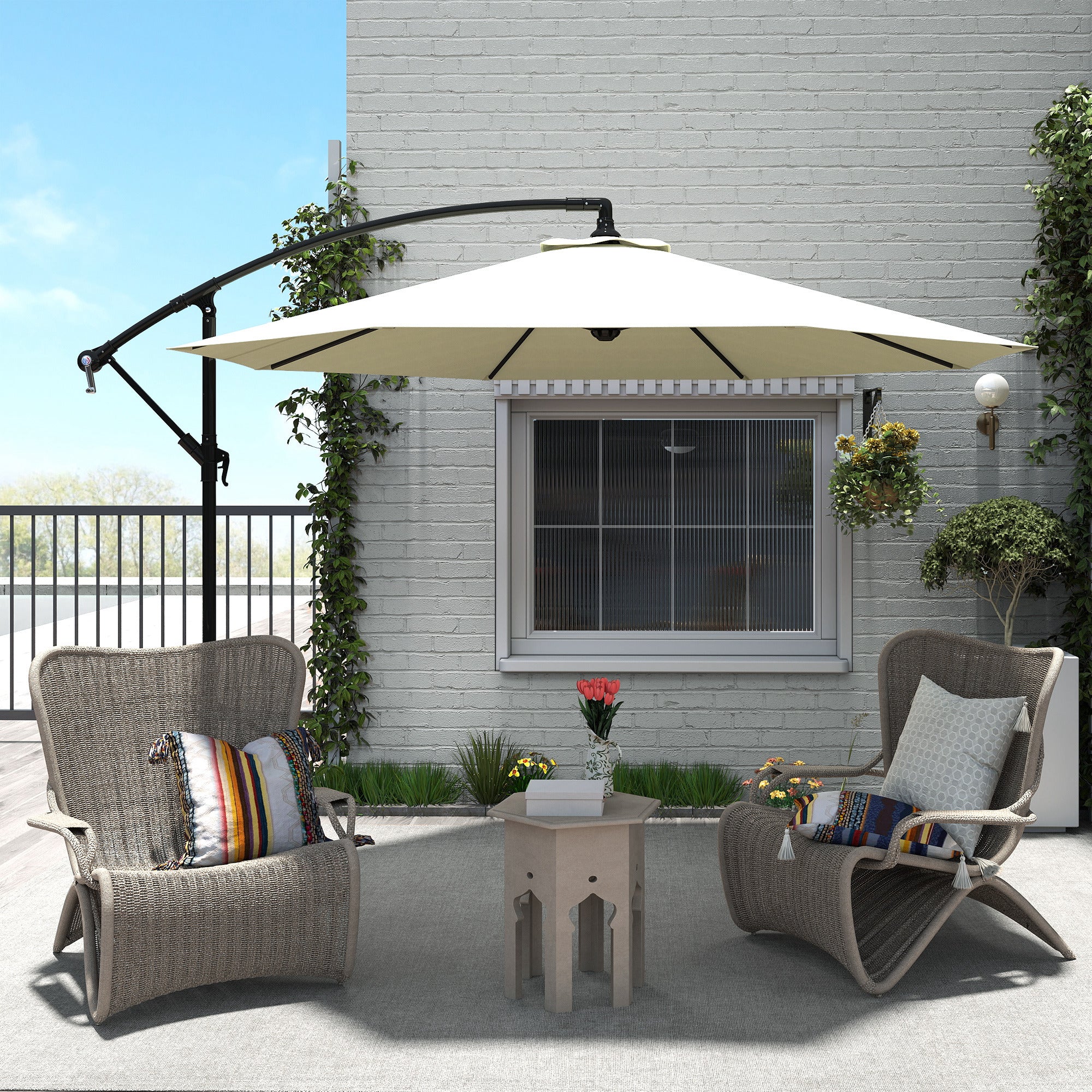 Φ10' Deluxe Cantilever Umbrella Outdoor Market Parasol Banana Hanging Offset Sunshade Crank Cross Base Beige