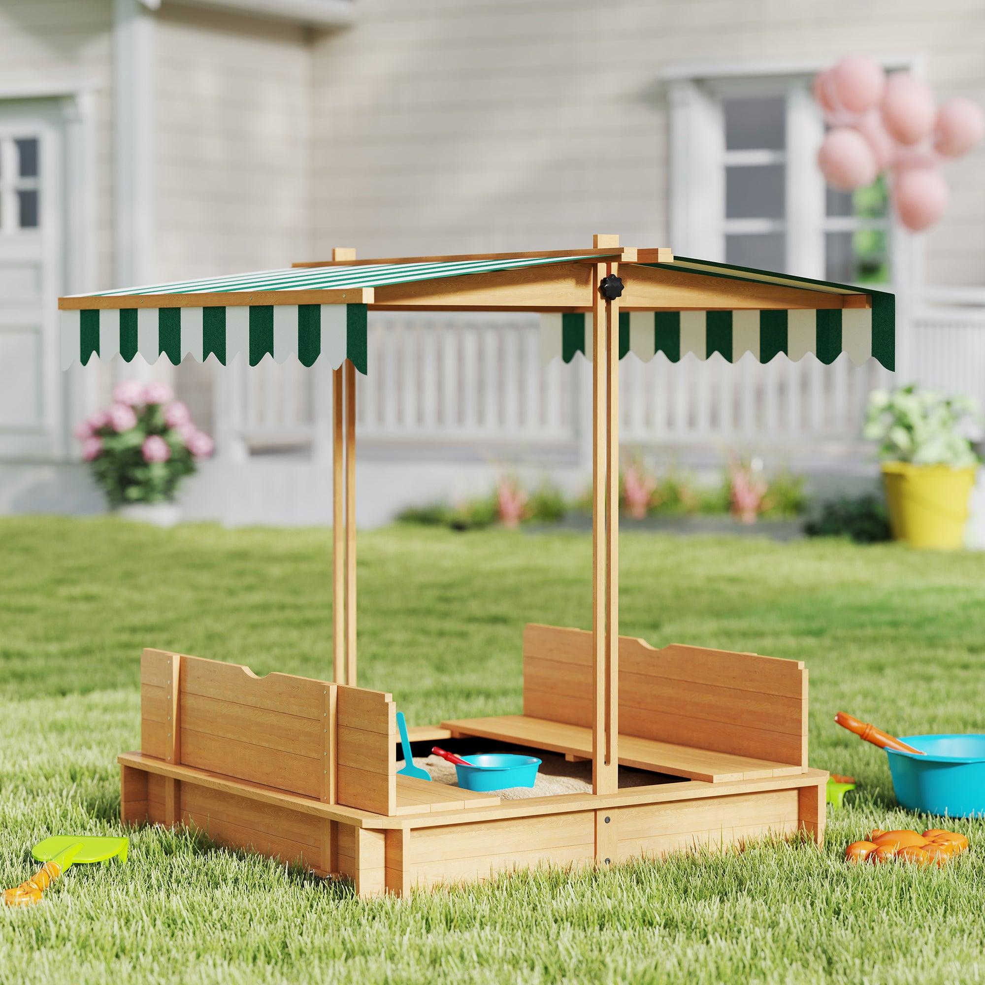 Wooden Kids Sandbox with Cover, Sand Play Station with Foldable Bench Seats and Adjustable Canopy, Light Brown