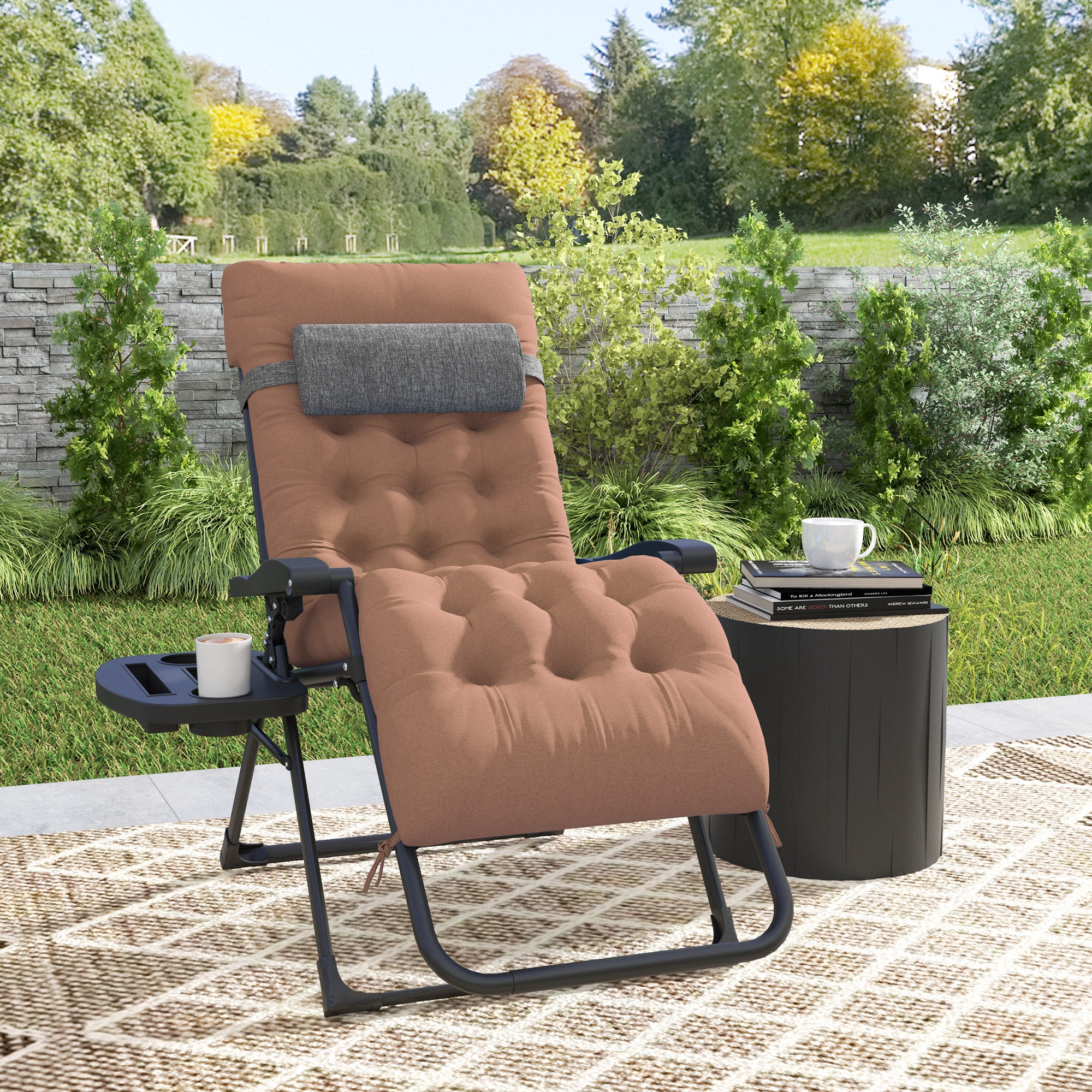 Padded Folding Recliner Chair, Patio Lounger with Cupholder, Adjustable Backrest, Removable Cushion, Khaki